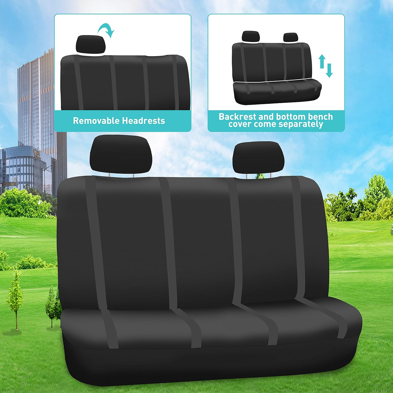 FH Group – Juego completo de fundas de asiento de automóvil, de tela negra, ajuste universal, de asiento delantero de respaldo bajo y de asiento