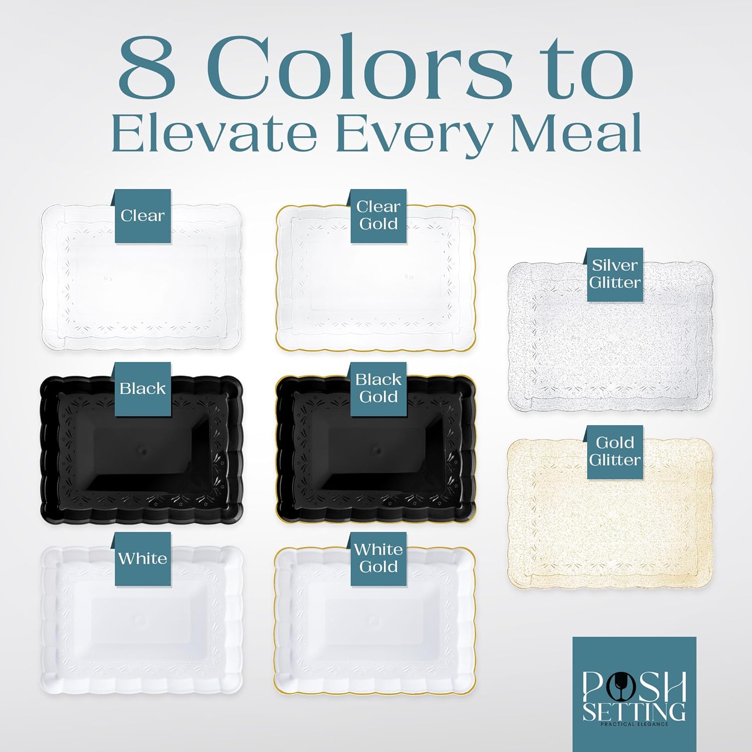 Posh Setting – Bandejas de plástico para servir alimentos, bandejas transparentes y doradas para fiestas, bandejas de plástico para servir, platos