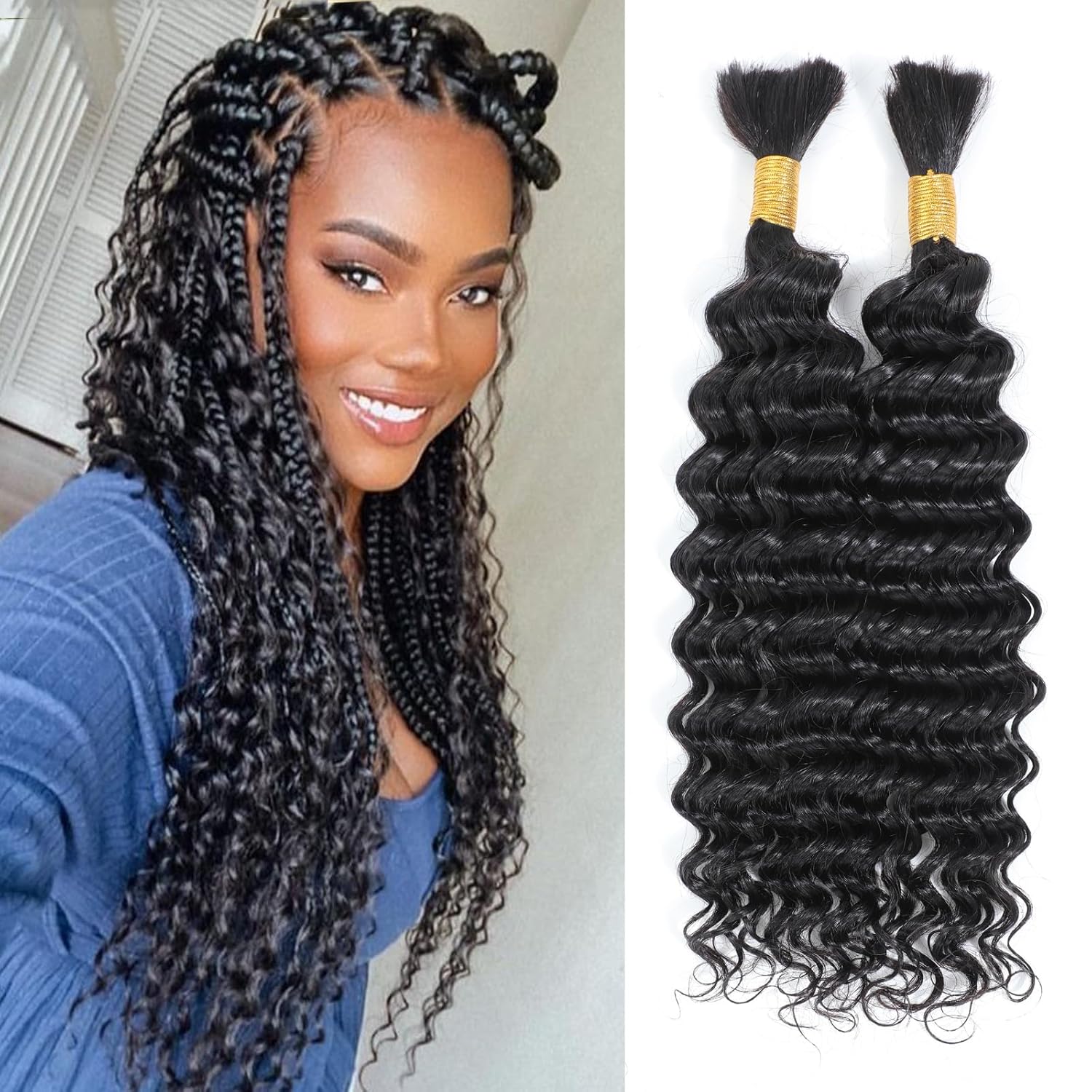 Cabello humano a granel para trenzar cabello humano ondulado profundo para trenzas bohemias, cabello rizado, sin trama, 2 trenzas por paquete, 3.53