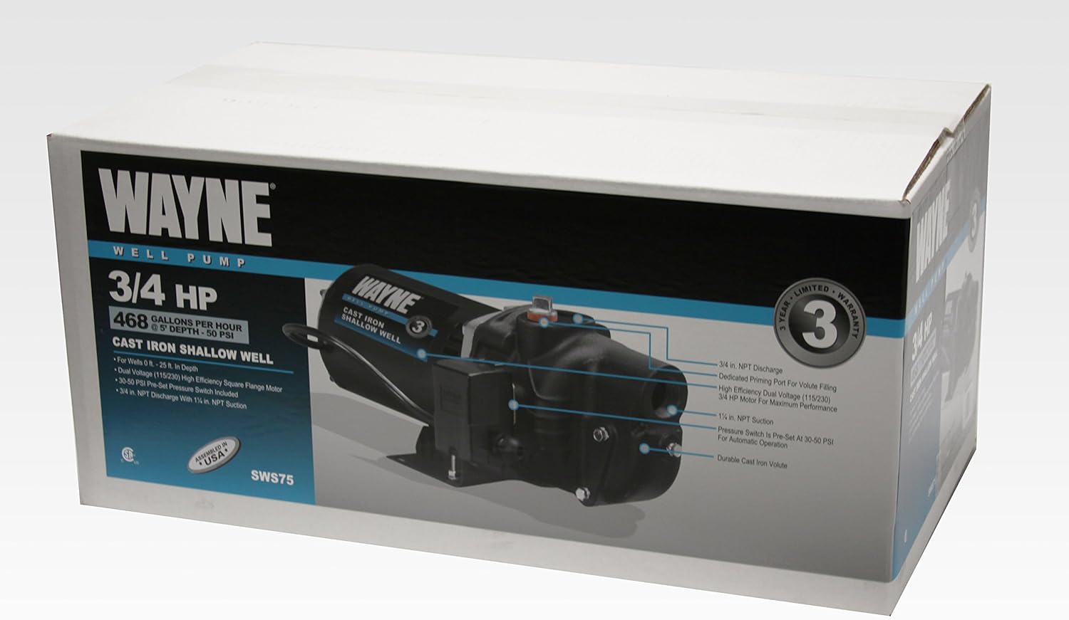 Bomba inyectora de pozo Wayne SWS5012HP de hierro fundido, para pozo poco profundo, SWS75, 200.00 volts