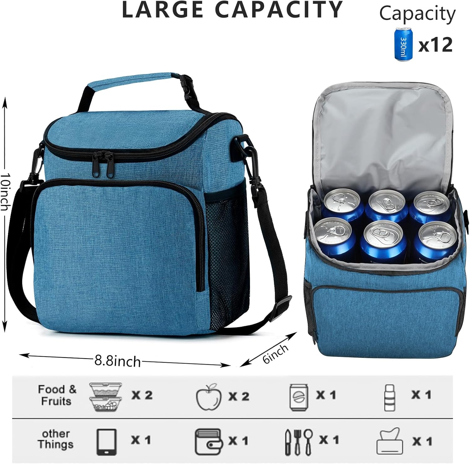 Lonchera para hombres, bolsa de almuerzo aislada para mujer con correa de hombro ajustable, bolsa enfriadora con soporte para bebidas para adultos,
