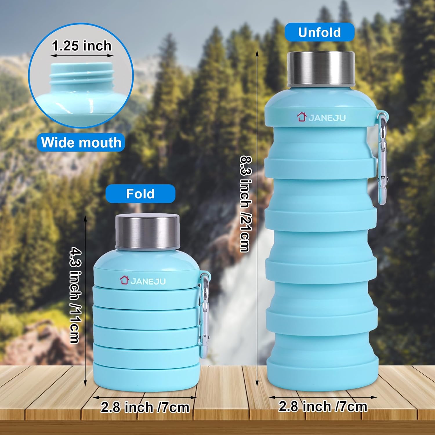 JaneJu – Botella de agua plegable de 17 onzas, sin BPA, reutilizable, portátil, ligera, plegable, con mosquetón, botella de agua deportiva portátil