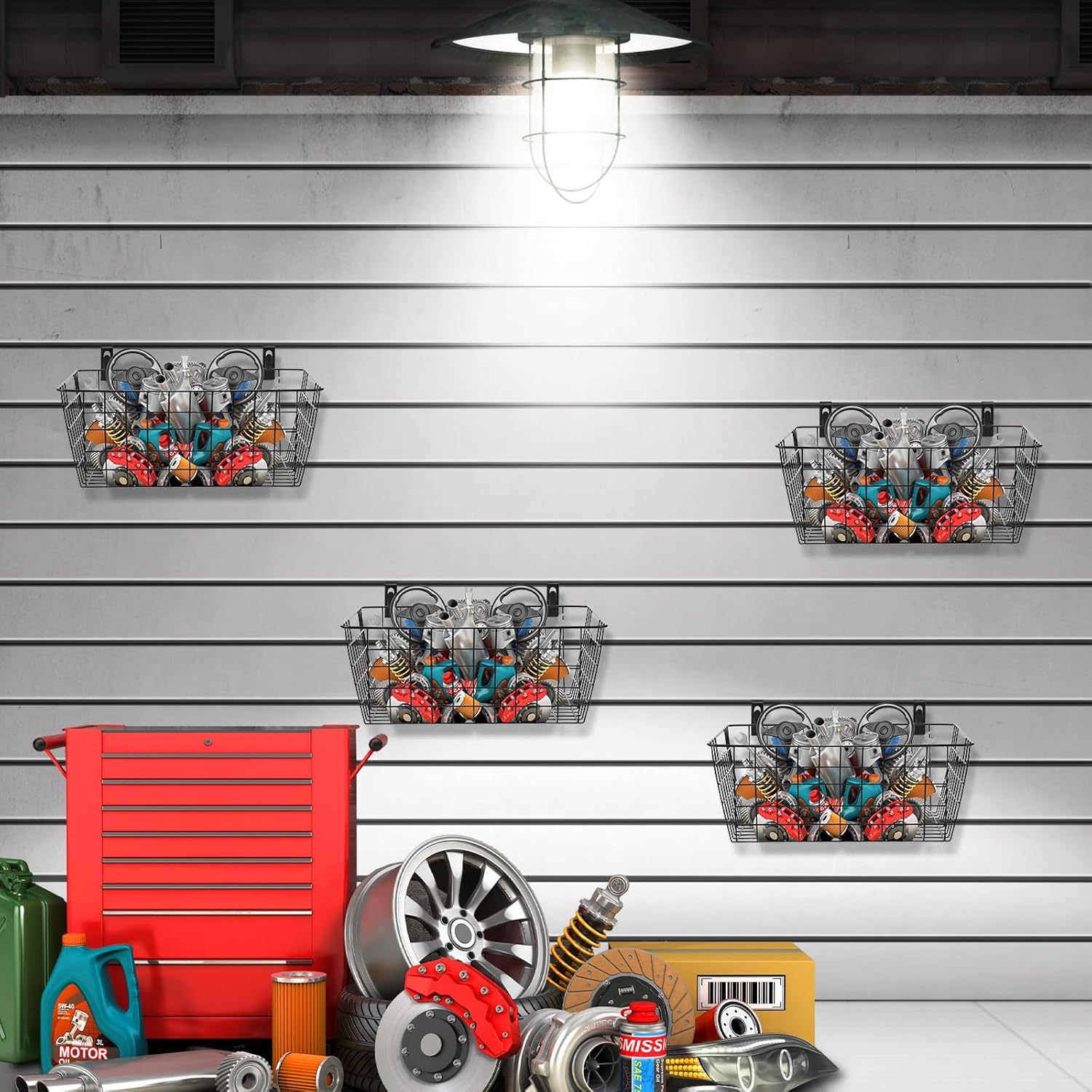 4 cestas de pared con ganchos de Slatwall, cestas de pared, cestas de almacenamiento colgantes, cestas de metal, cubos de Slatwall, ganchos para