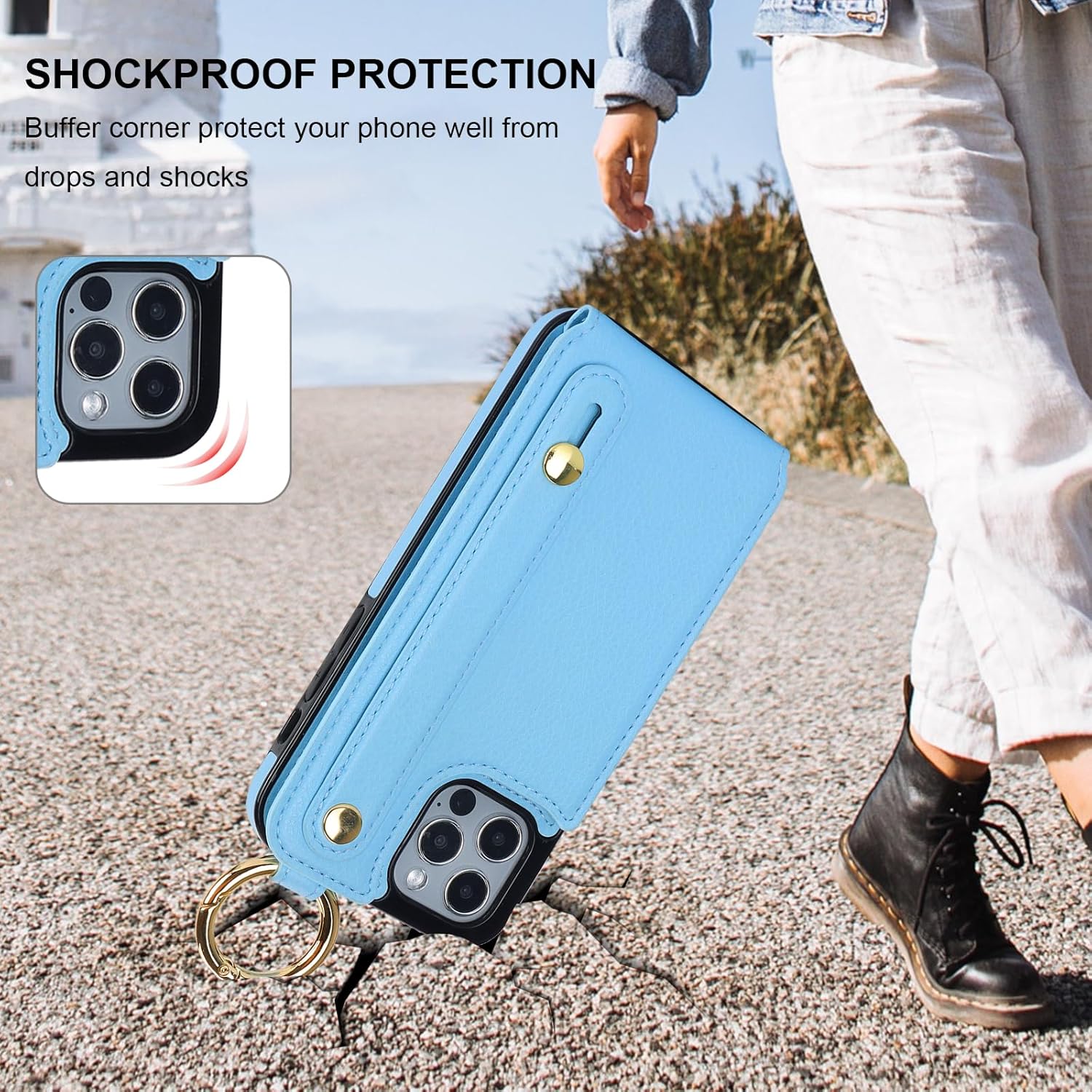Folosu Funda tipo cartera para iPhone 1212 Pro con soporte para tarjetas, correa de mano para muñeca, soporte de bucle, bloqueo RFID, anillo de