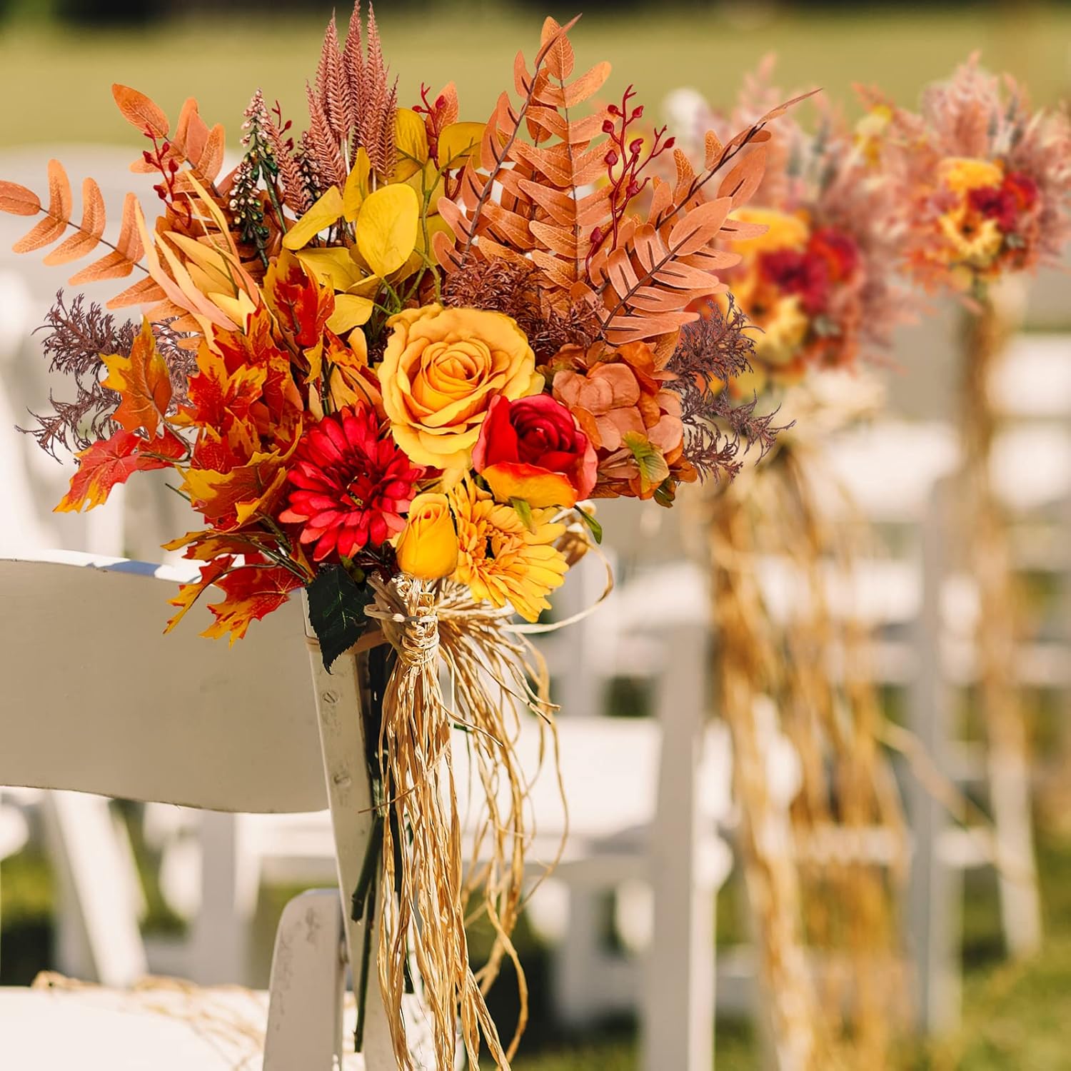 Ramos de flores artificiales de otoño, 21.6 pulgadas, flores naranjas de seda falsas, ramos de boda con tallos florales de otoño para dama de honor