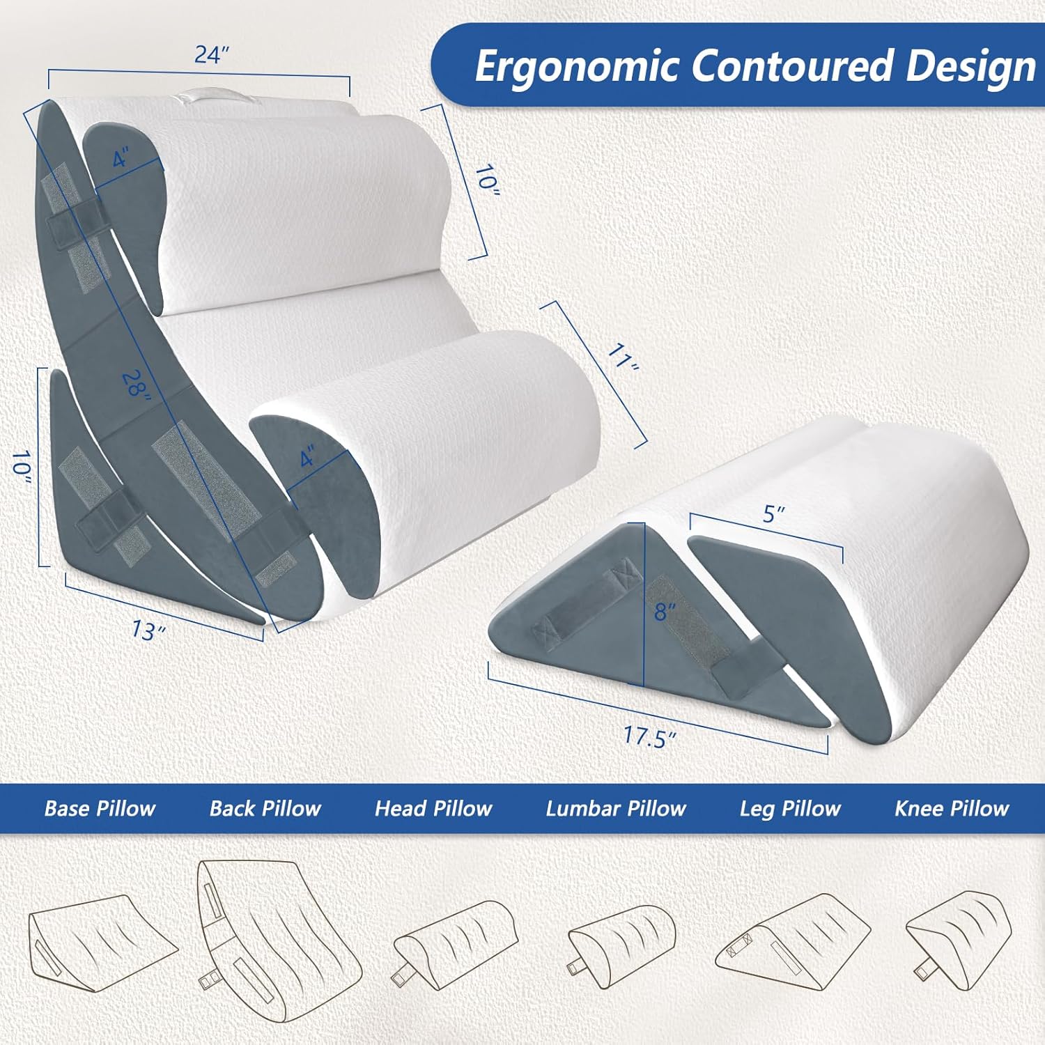 Juego de 6 almohadas ortopédicas XL de cuña para dormir, de espuma viscoelástica de gel para postcirugía, para espalda, cuello, soporte de piernas,