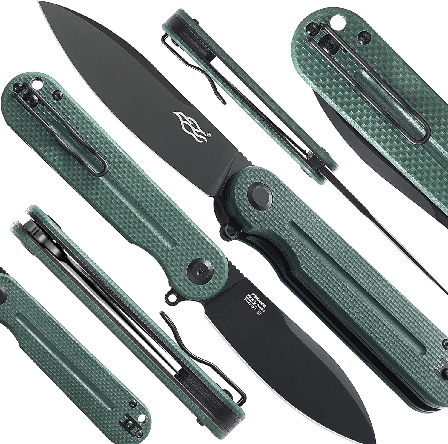 Firebird Ganzo FH922PT-GB – Cuchillo de bolsillo plegable con rodamiento de bolas, D2, hoja negra, G10, mango antideslizante con clip, equipo de