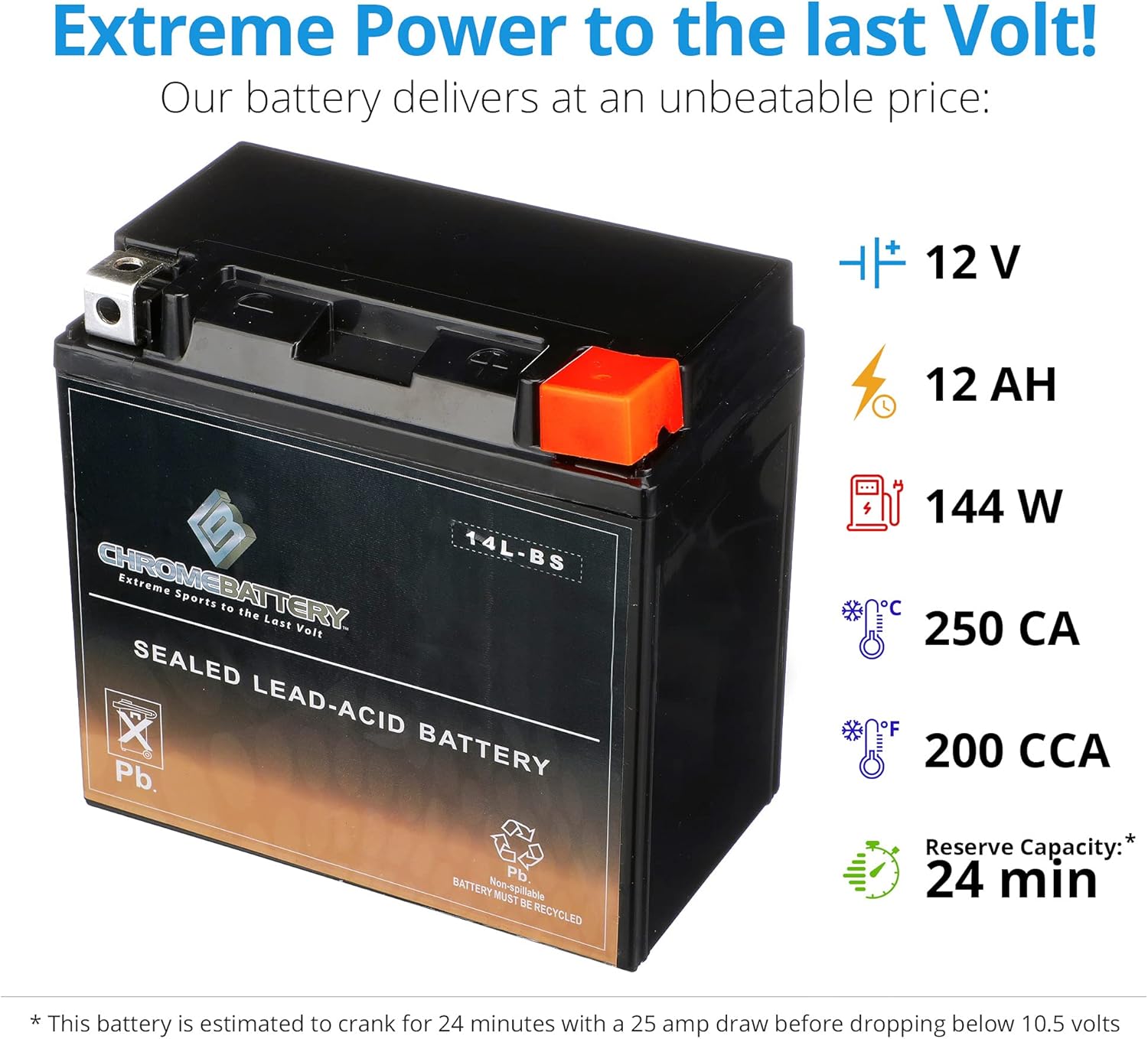 Chrome Battery YTX14L-BS Batería de repuesto sin mantenimiento para motocicleta Harley-Davidson 2004-21 12 voltios, 1.4 amperios, 12 Ah, terminal de