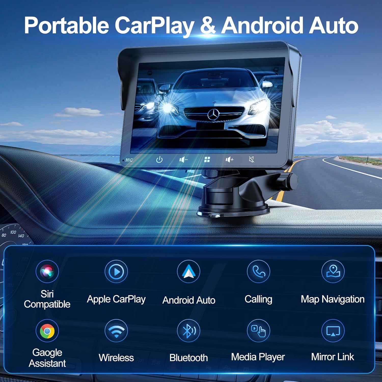 Portable Wireless Apple Carplay & Android Auto Car Stereo with Voice Control,7 Inch Touch Screen Double Din Stereo with Bluetooth, Multimedia