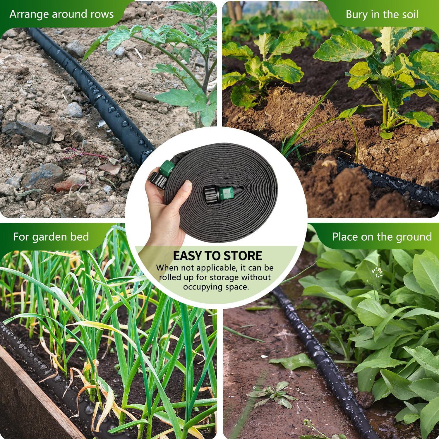 Paquete de 3 mangueras planas de 15 pies para camas de jardín con divisor de manguera de jardín, manguera de remojo de jardín de 15 pies para