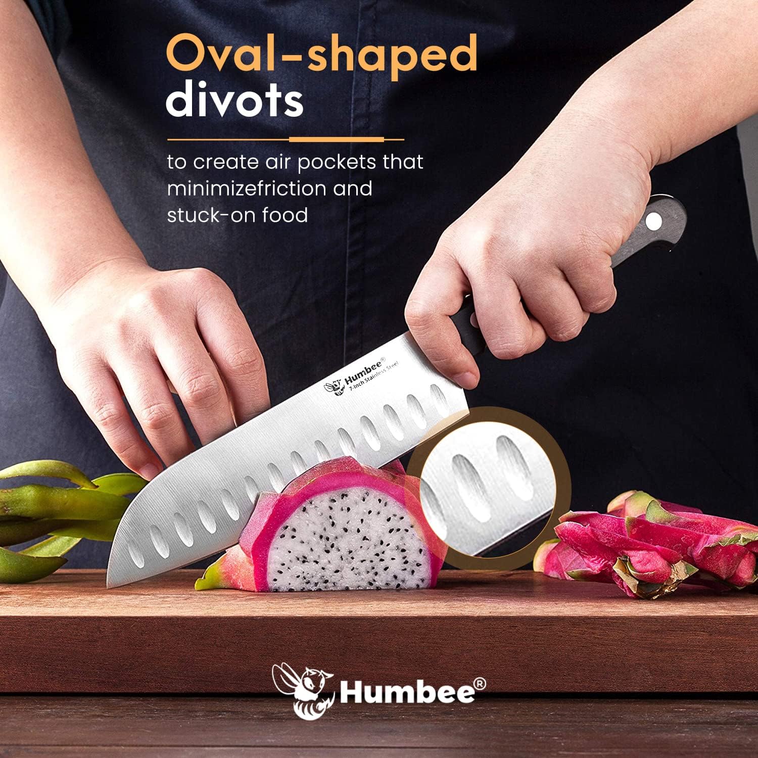 Humbee, Cuchillo Santoku de acero inoxidable de 7.5 pulgadas, cuchillo de chef japonés ultra afilado, cuchillo de cocina de agarre cómodo