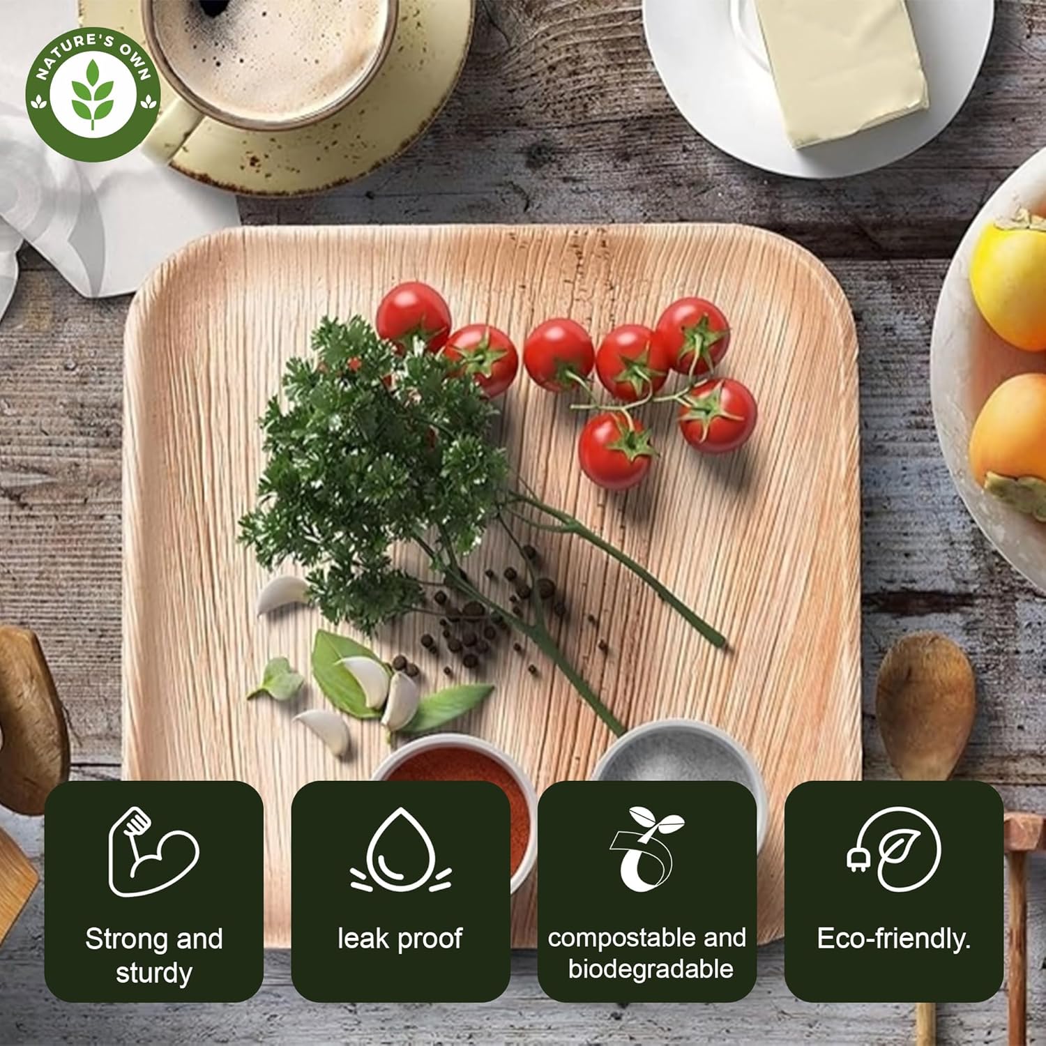 Nature’s Own Paquete de platos de hoja de palmera, 50 unidades (combo de 10 y 8 pulgadas)  Plato cuadrado desechable  Vajilla compostable, ecológica
