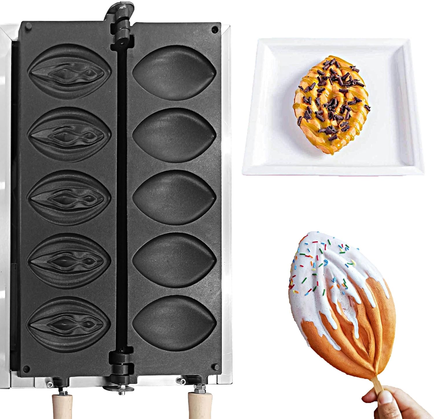 Yovtekc – Máquina comercial de gofres de abulón, 5 unidades con forma de vagina con platos extraíbles, máquina de hornear de hierro antiadherente