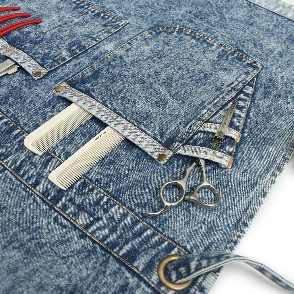 Jeanerlor – Delantales de trabajo de mezclilla con bolsillos para mujeres y hombres, correas cruzadas y ajustables de S a XXXL, Azul mezclilla