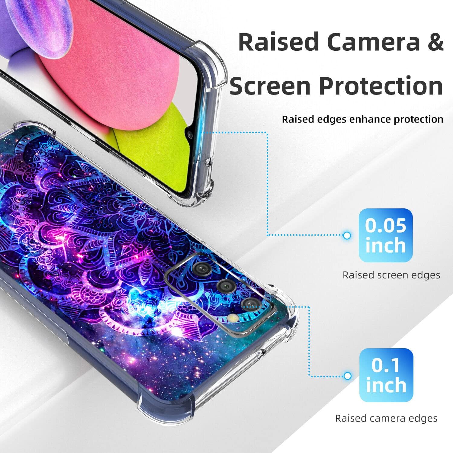Funda para Galaxy A03s, diseño de mandala morado y cielo, a prueba de golpes, TPU de cuerpo completo, resistente a los arañazos, para Samsung Galaxy