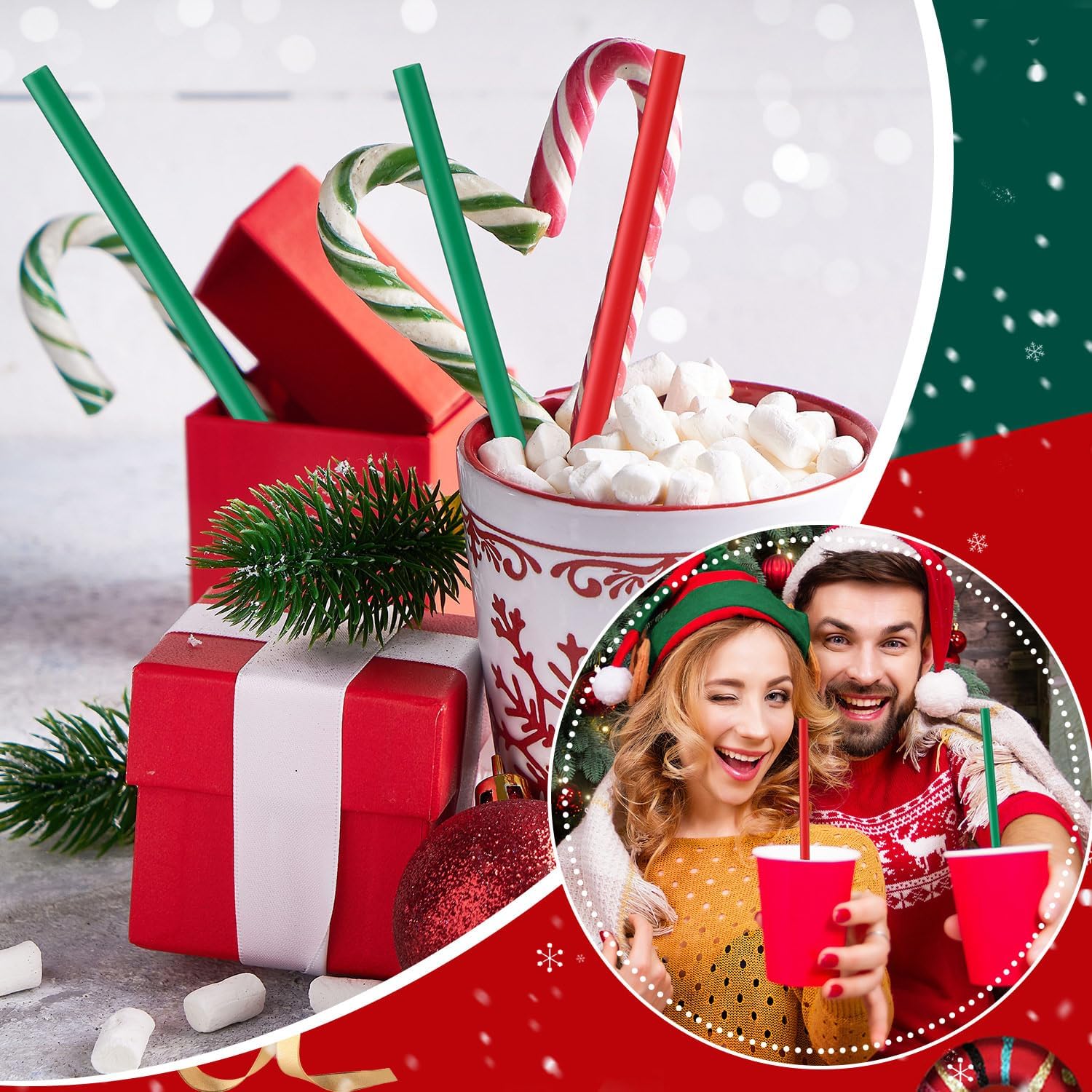 Zhehao 200 popotes de plástico para Navidad, color verde y rojo, pajitas desechables de plástico duro, popotes de plástico reutilizables para