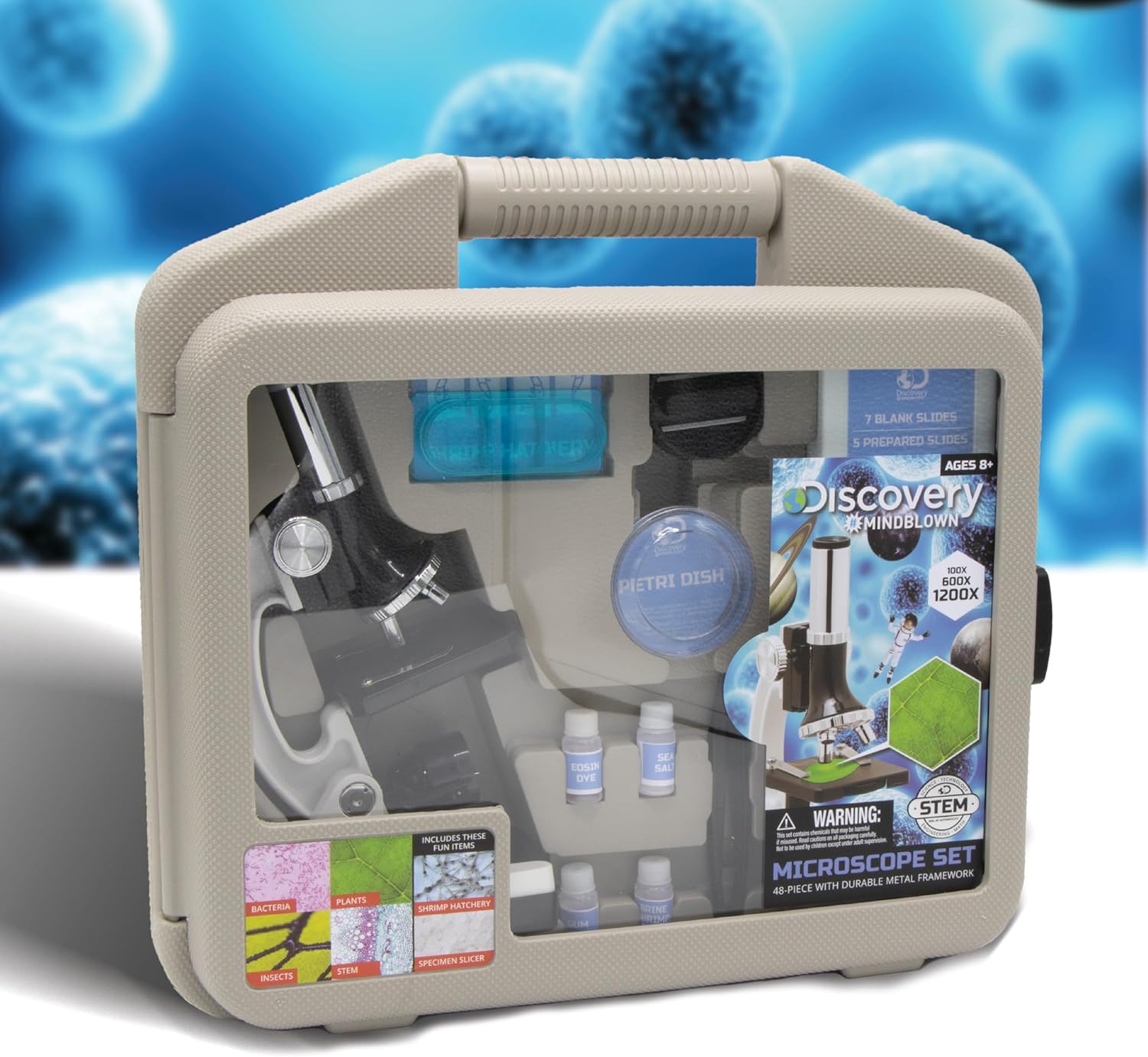 Discovery #MINDBLOWN – Juego de microscopio de 48 piezas con marco de metal duradero, aumento de 100X a 1200X, juego completo con tubos de ensayo,