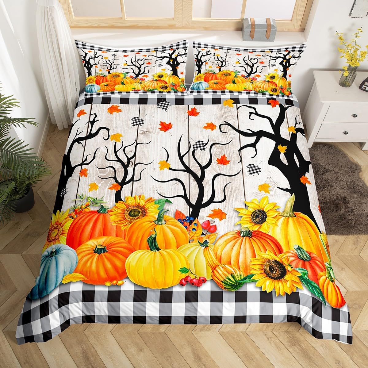 Juego de funda de edredón para niños de cosecha de calabaza de otoño, tamaño King, girasoles y hojas de arce, decoración de habitacióncabaña, funda