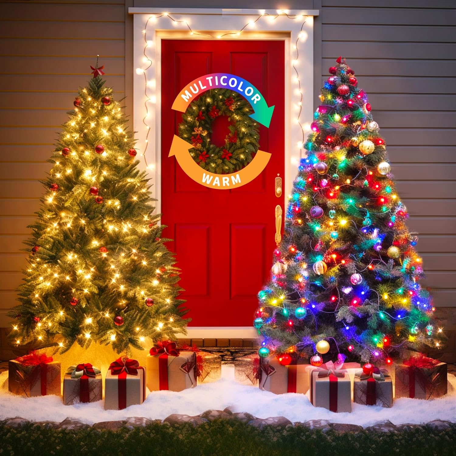 JMEXSUSS Paquete de 2 luces solares de Navidad de color blanco cálido y multicolor con 11 modos de control remoto, cada 100 LED de 42.7 pies, luces