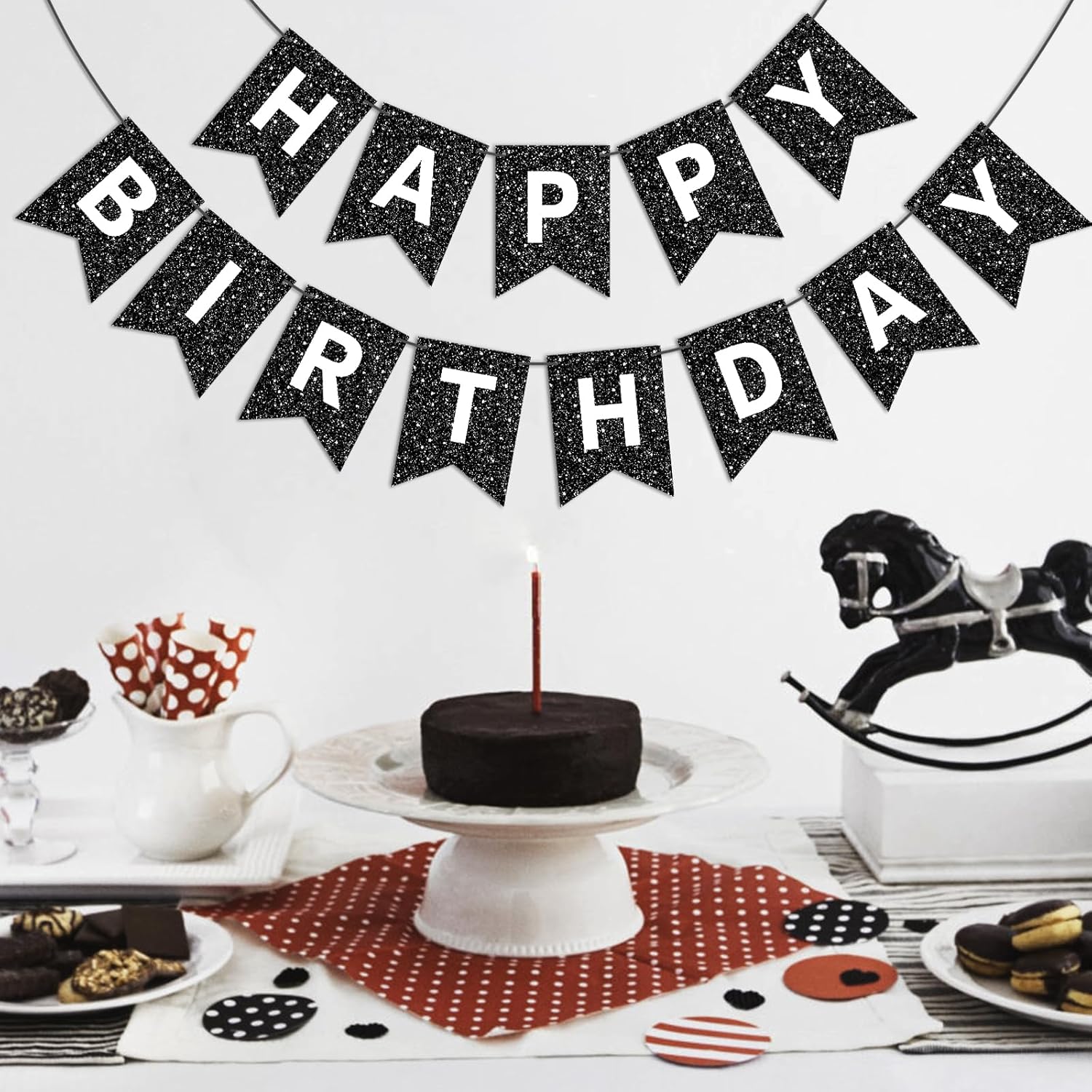 Cartel de feliz cumpleaños negro para telón de fondo con purpurina negra para decoración de feliz cumpleaños para hombres y mujeres, fiesta de