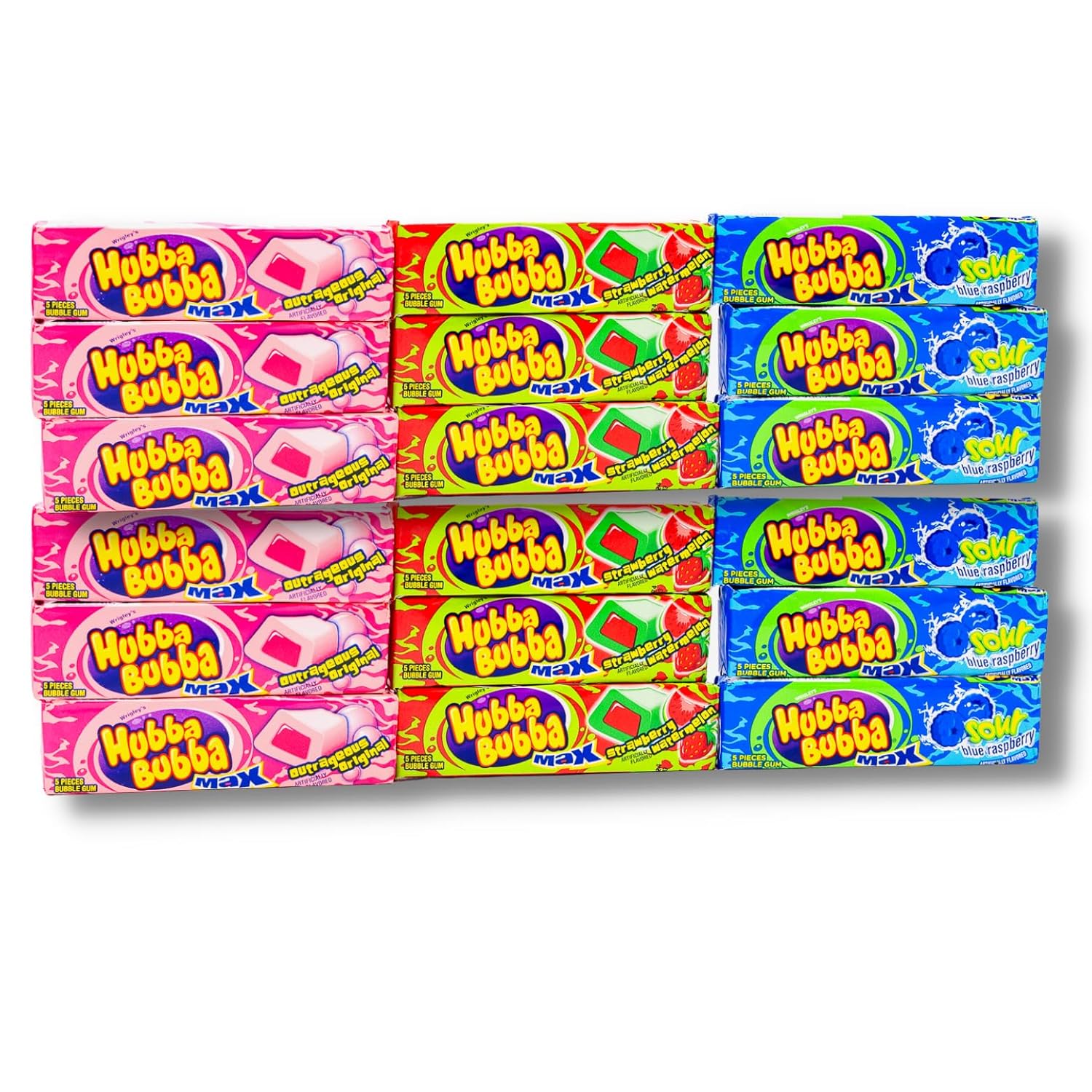 Hubba Bubba Bubble Gum a granel  Paquete variado de 3 sabores (total de 18 chicles de mascar)  6 chicles de frambuesa azul agrio  6 chicle de sandía