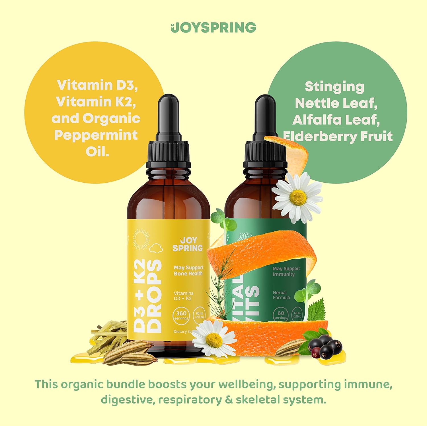 JoySpring Gotas de vitamina D para niños pequeños para apoyar el crecimiento y multivitamínico diario con raíz de bardana y saúco para niños