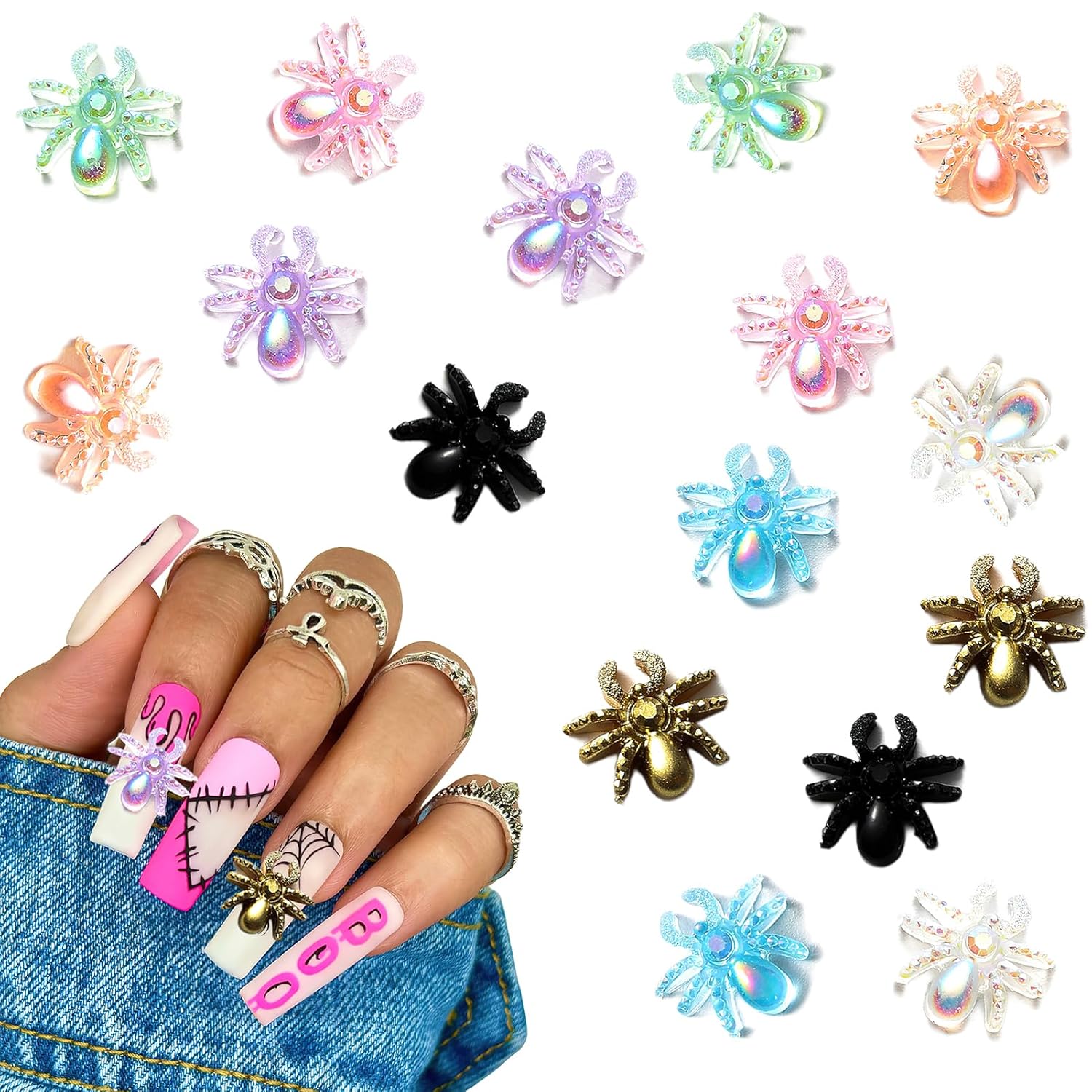 Dijes para arte de uñas de araña, aurora 3D, diamantes, holografía, resina, araña, arte de uñas, joyería de arte de uñas, gemas de uñas láser,