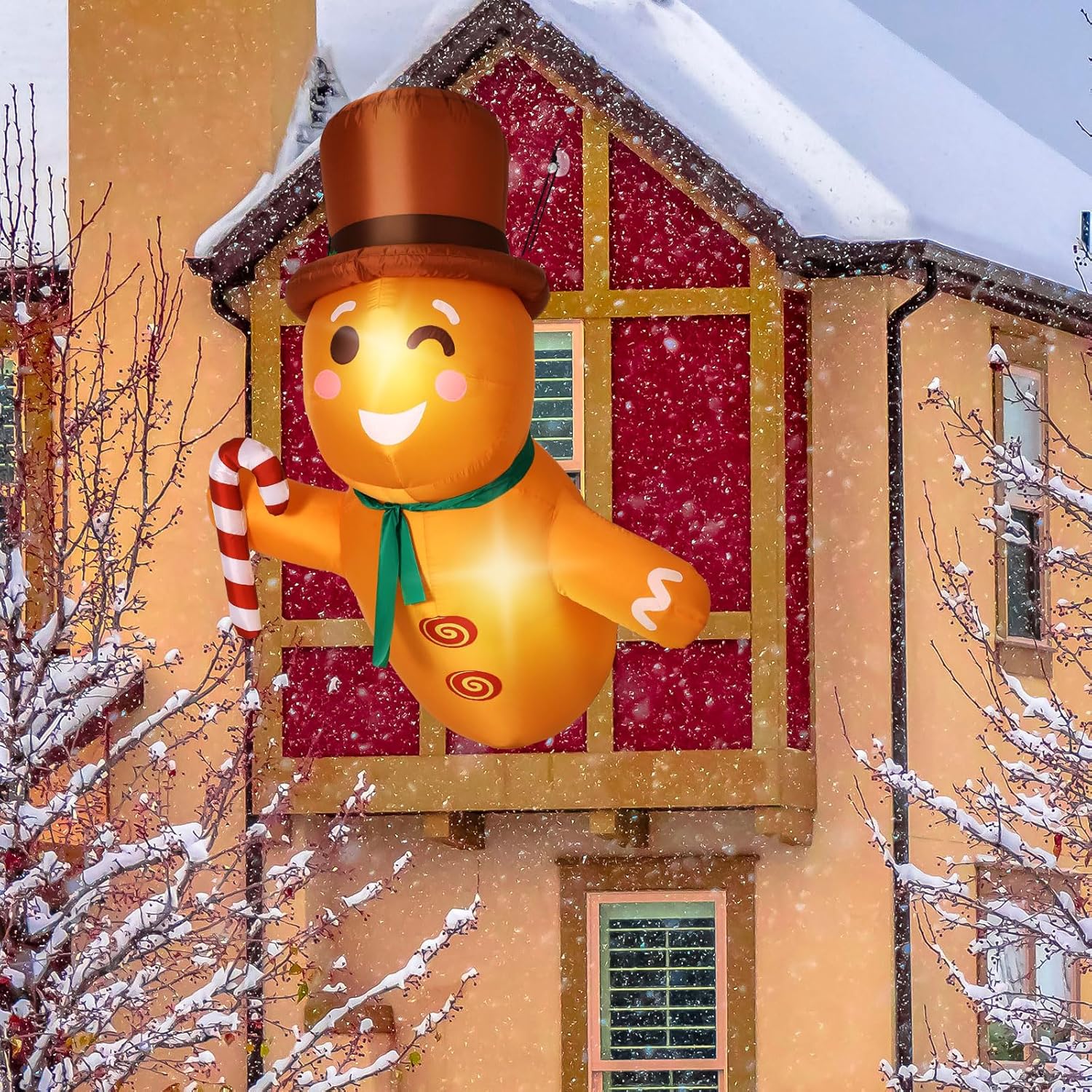 Decoración de pan de jengibre inflable de Navidad de 3.5 pies con luces LED que se inclina hacia fuera de la ventana, inflables de Navidad,