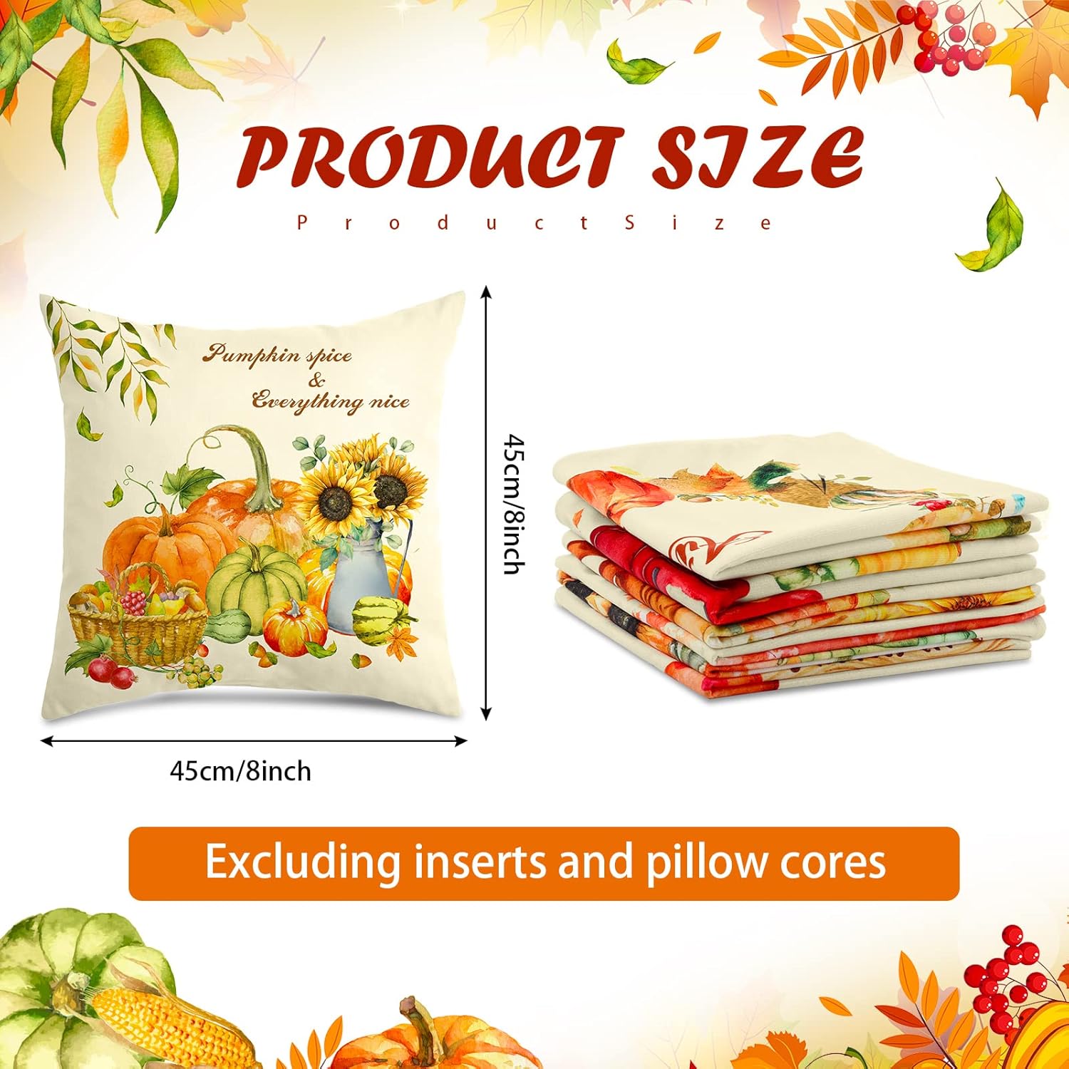 Paquete de 6 fundas de almohada de otoño de 18 x 18 pulgadas, fundas de almohada de cosecha de calabaza, hojas de arce, calabaza, bicicleta, camión,