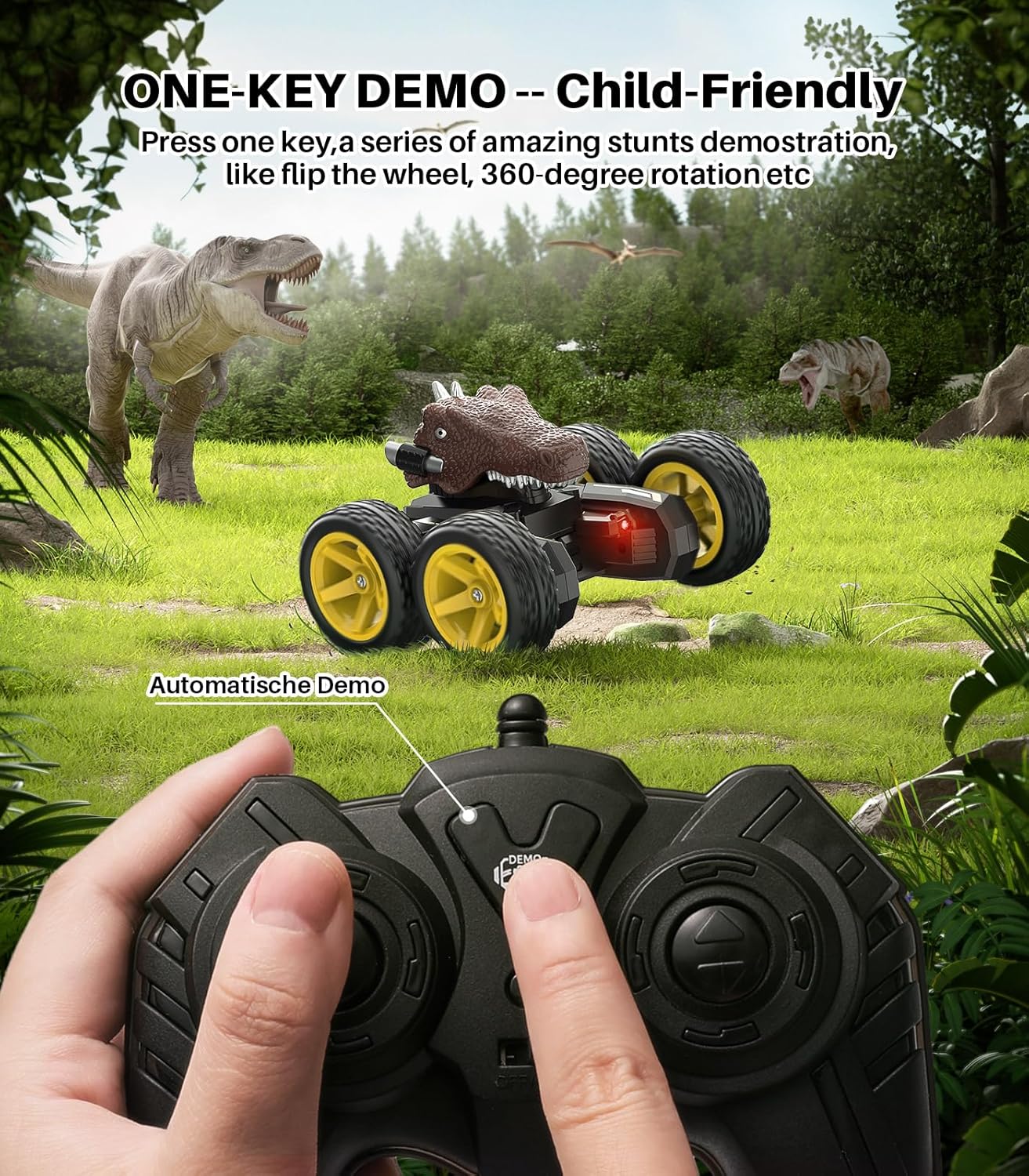 Auto de acrobacias a control remoto para niños, juguete de camión de juguete con demostración de una tecla, dinosaurio RC de rotación de 360, escala