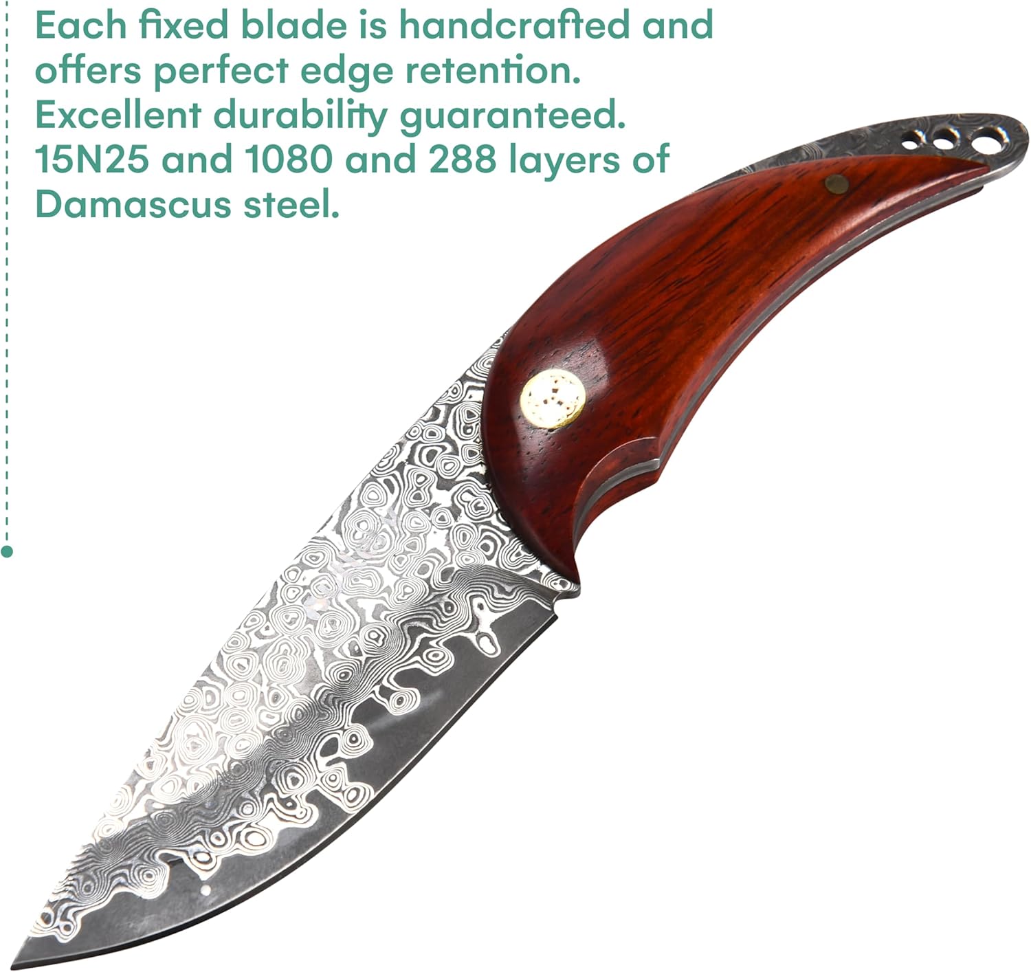 Outlery Cuchillo de acero de Damasco  Cuchillo táctico de caza de hoja fija con funda para cinturón, acero de calidad hecho a mano, ideal para