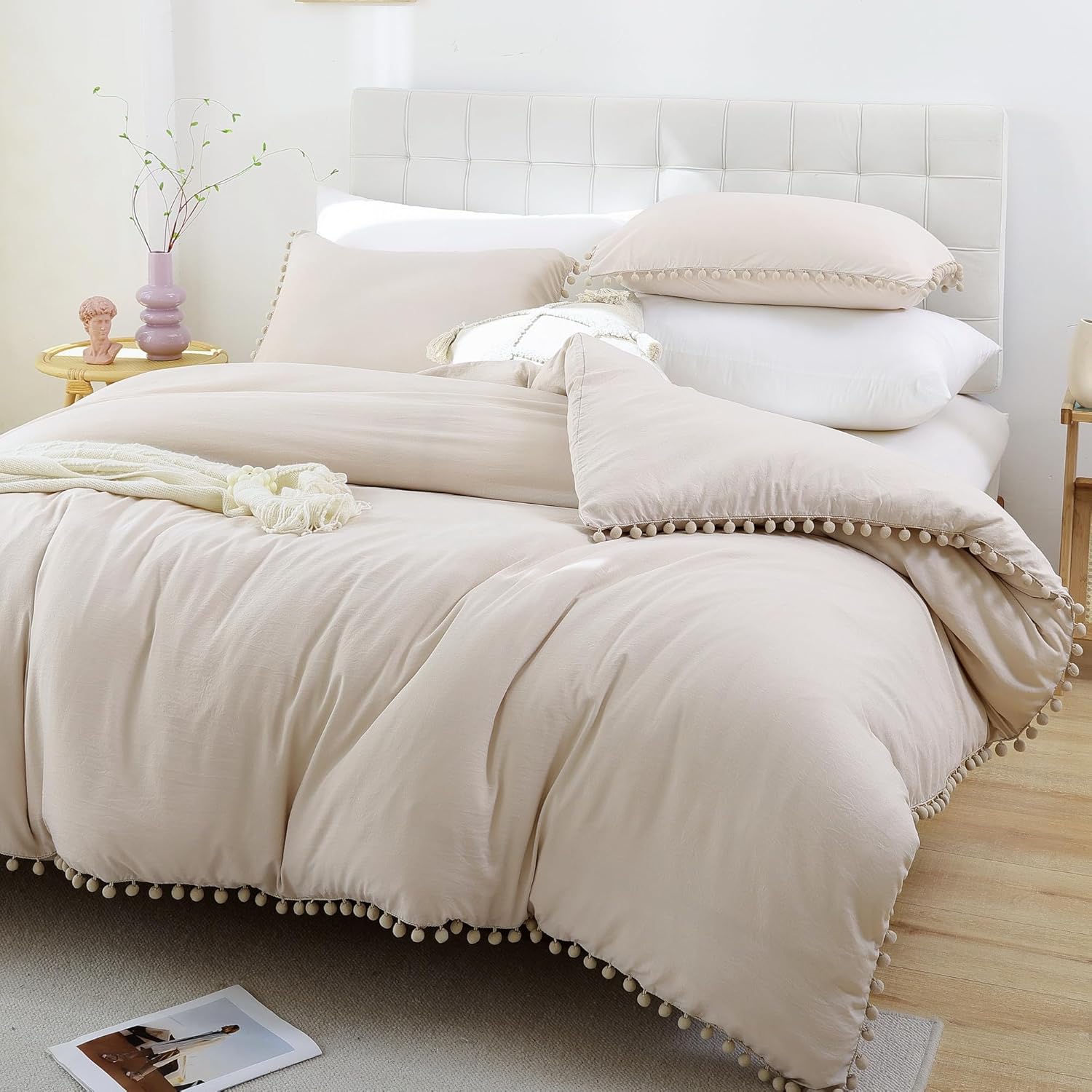 Smoofy Juego de edredón beige tamaño King con flecos y pompones, juego de ropa de cama de 3 piezas suave y cálido vintage con pompones (1 edredón