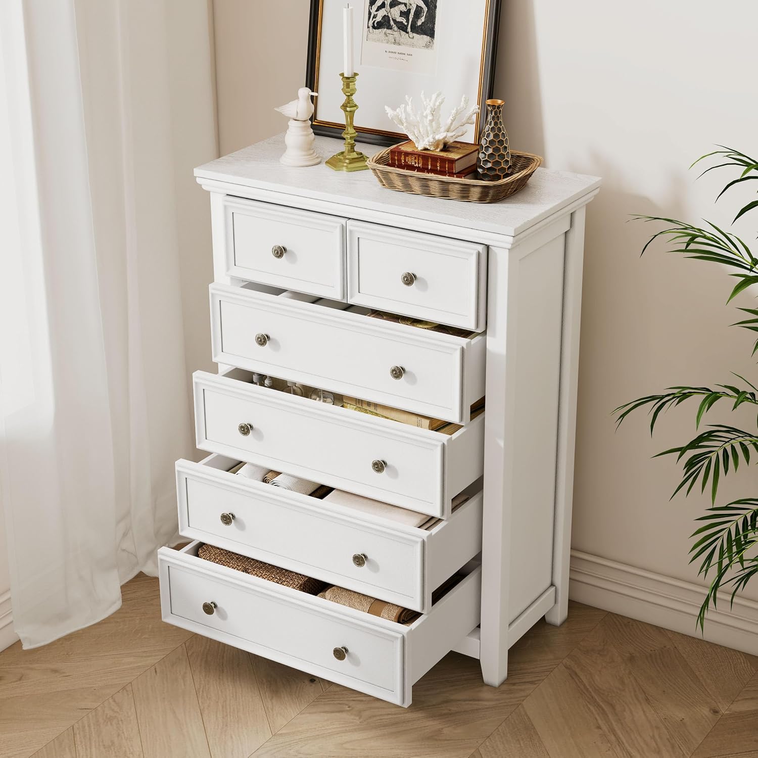 Cómoda blanca para dormitorio, cómoda de 6 cajones, mesita de noche alta con cajones profundos, armario moderno con cajones para pasillo, sala de