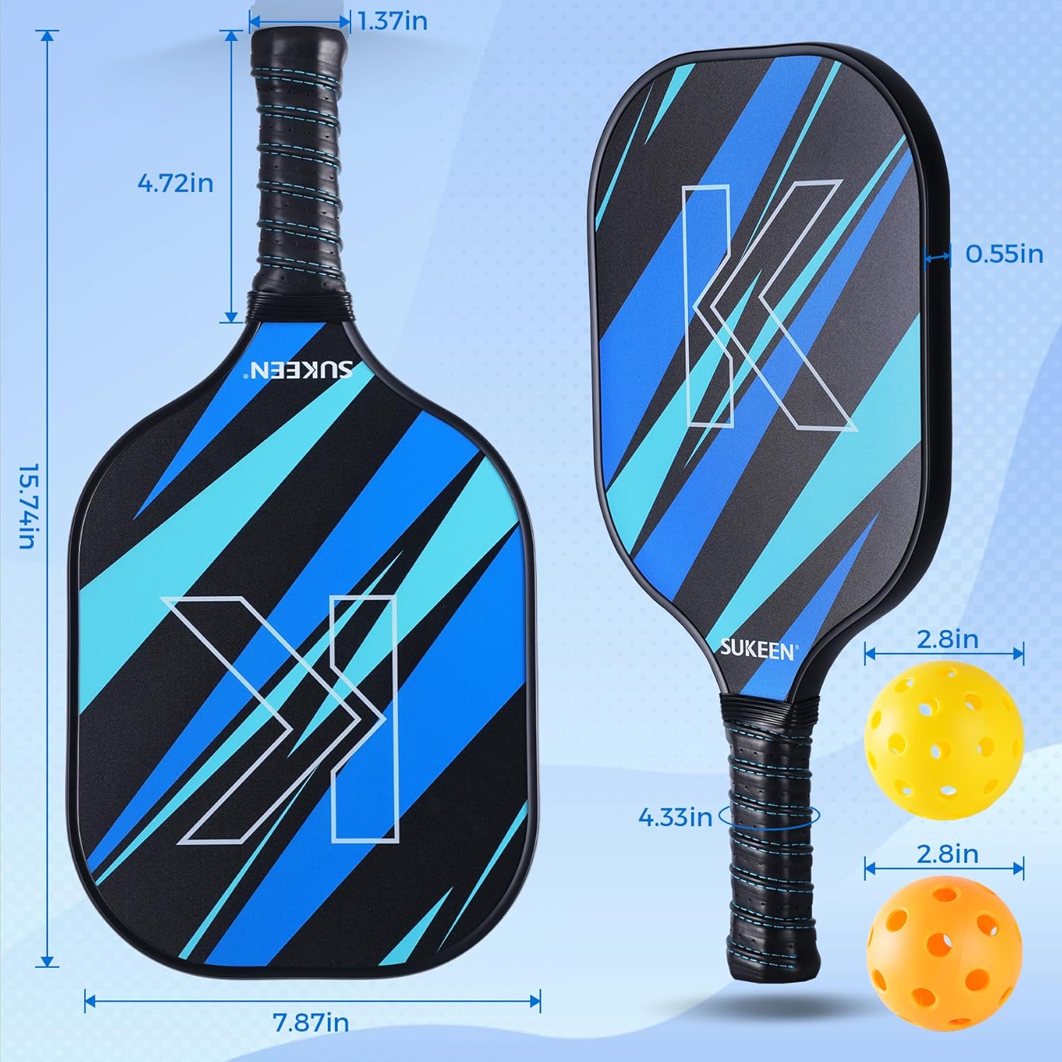 Sukeen Paletas de pickleball, juego de 2 piezas de pickleball de fibra de vidrio, núcleo de nido de abeja de polipropileno, agarre acolchado, juego