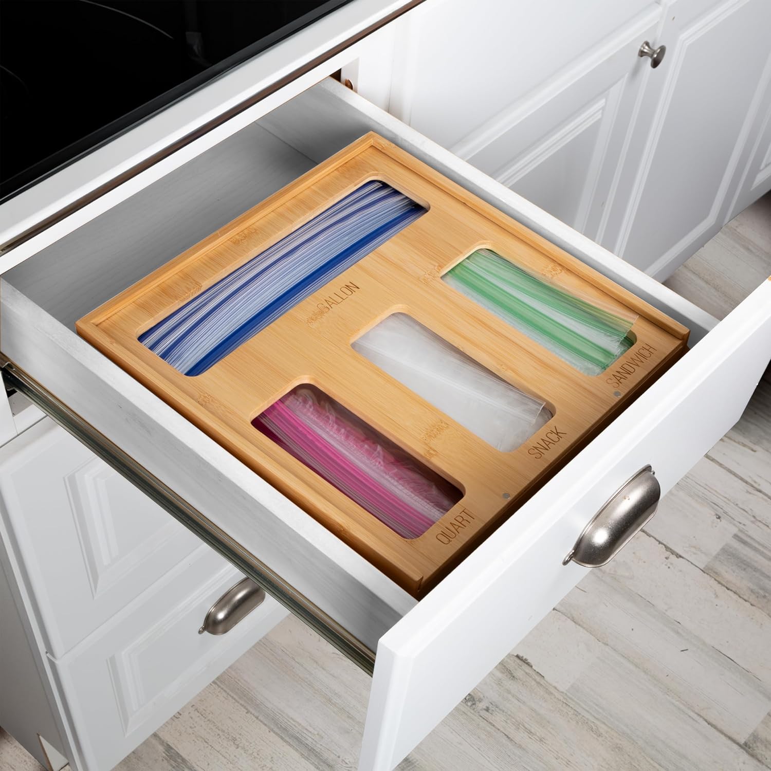 Honey Can Do – Organizador de bolsas de plástico de bambú para cajón de cocina  galón, cuarto de galón, sándwich, snack KCH-09859 Natural