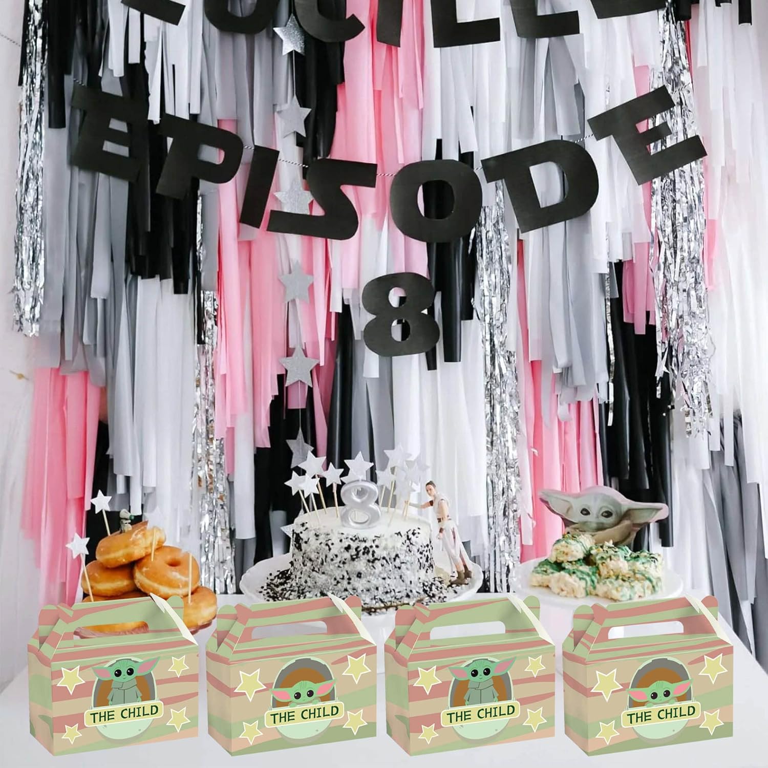 DOCOKY Caja de regalo de suministros para fiesta de cumpleaños de Yoda, decoración de fiesta de Yoda para bebé, caja de dulces de papel, recuerdos