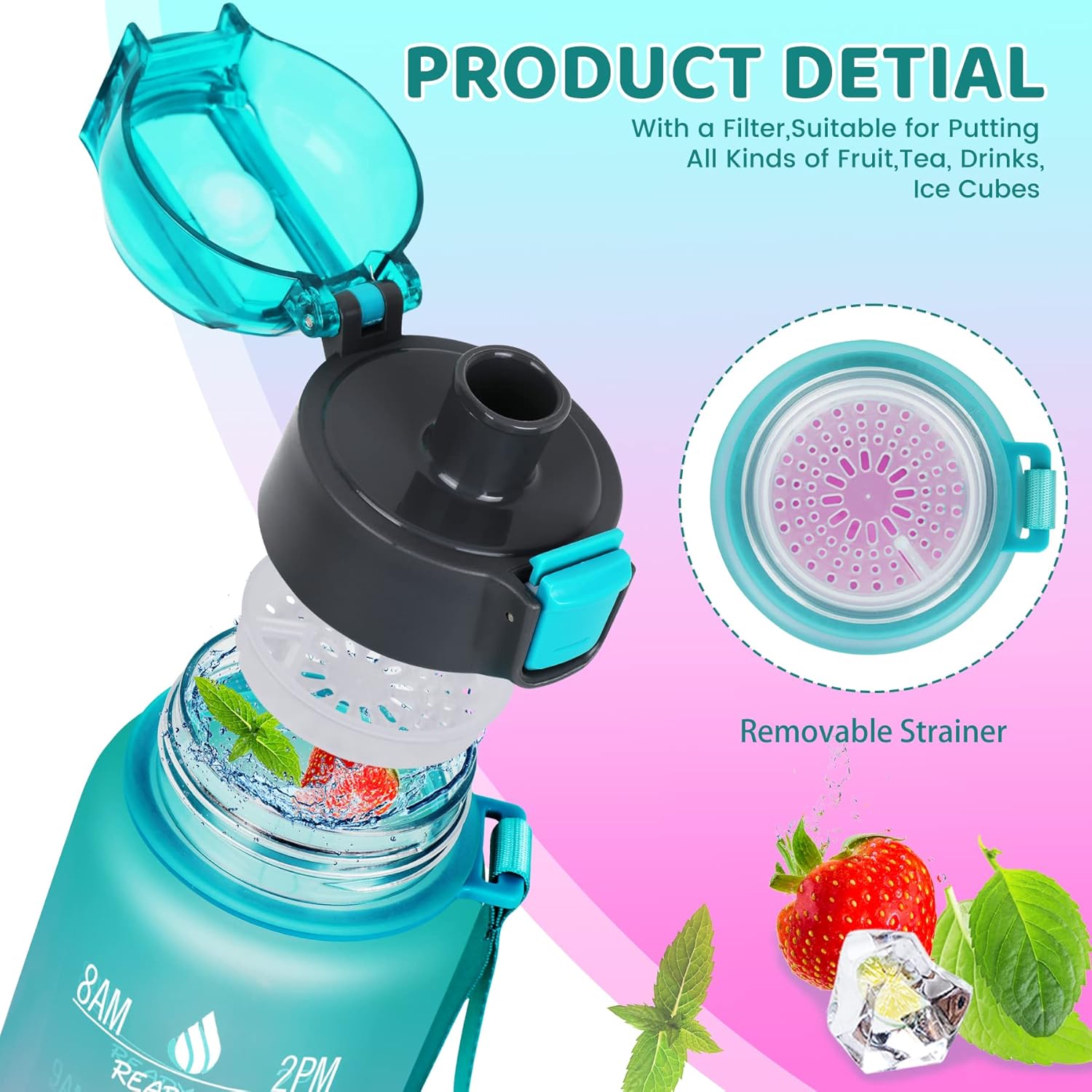 ZOMAKE Botella de agua motivacional de 32 onzas con tiempos para beber, marcador de tiempo y filtro extraíble, flujo rápido, jarra de agua Tritan