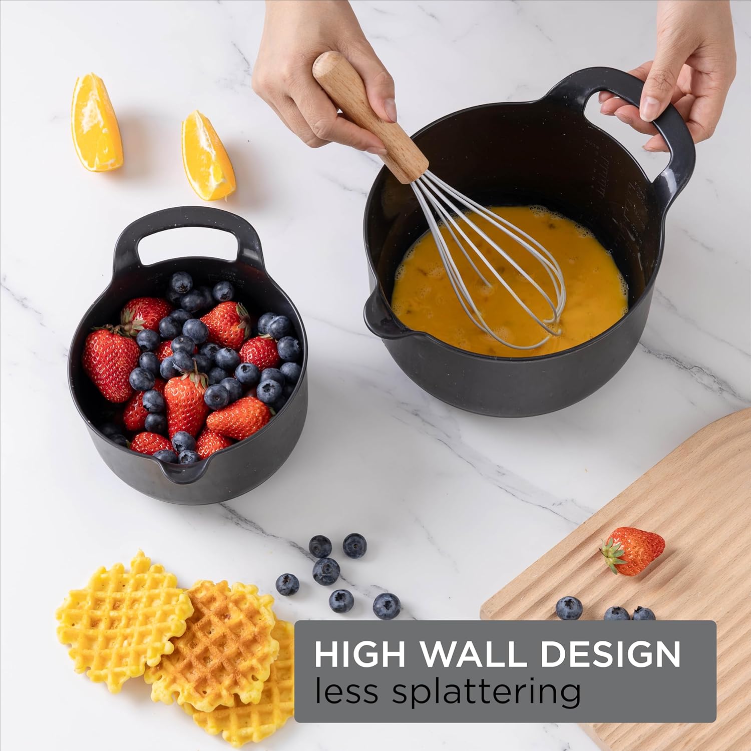 COOK WITH COLOR Nesting – Juego de cuencos de plástico para mezclar con boquillas y asas, negro moteado, 4 piezas antideslizantes