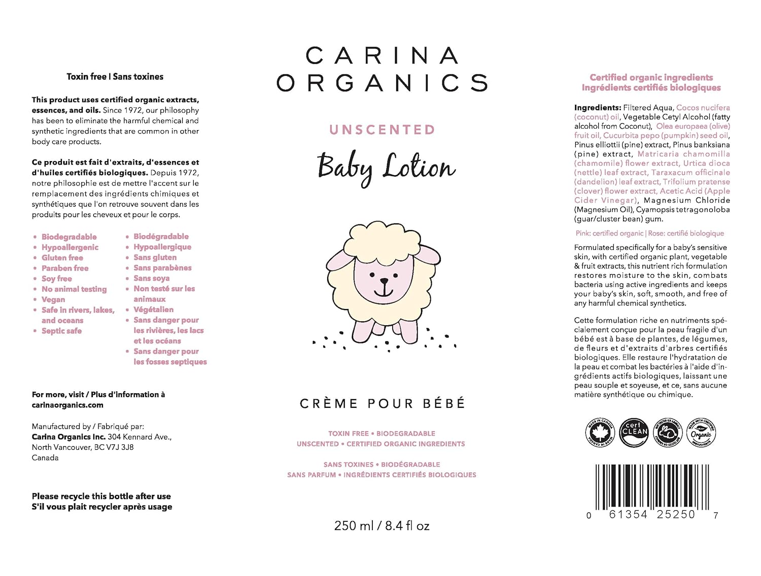 Carina Organics Loción extra suave para bebé, orgánica y natural, para pieles sensibles, todo el cuerpo, 8 onzas líquidas