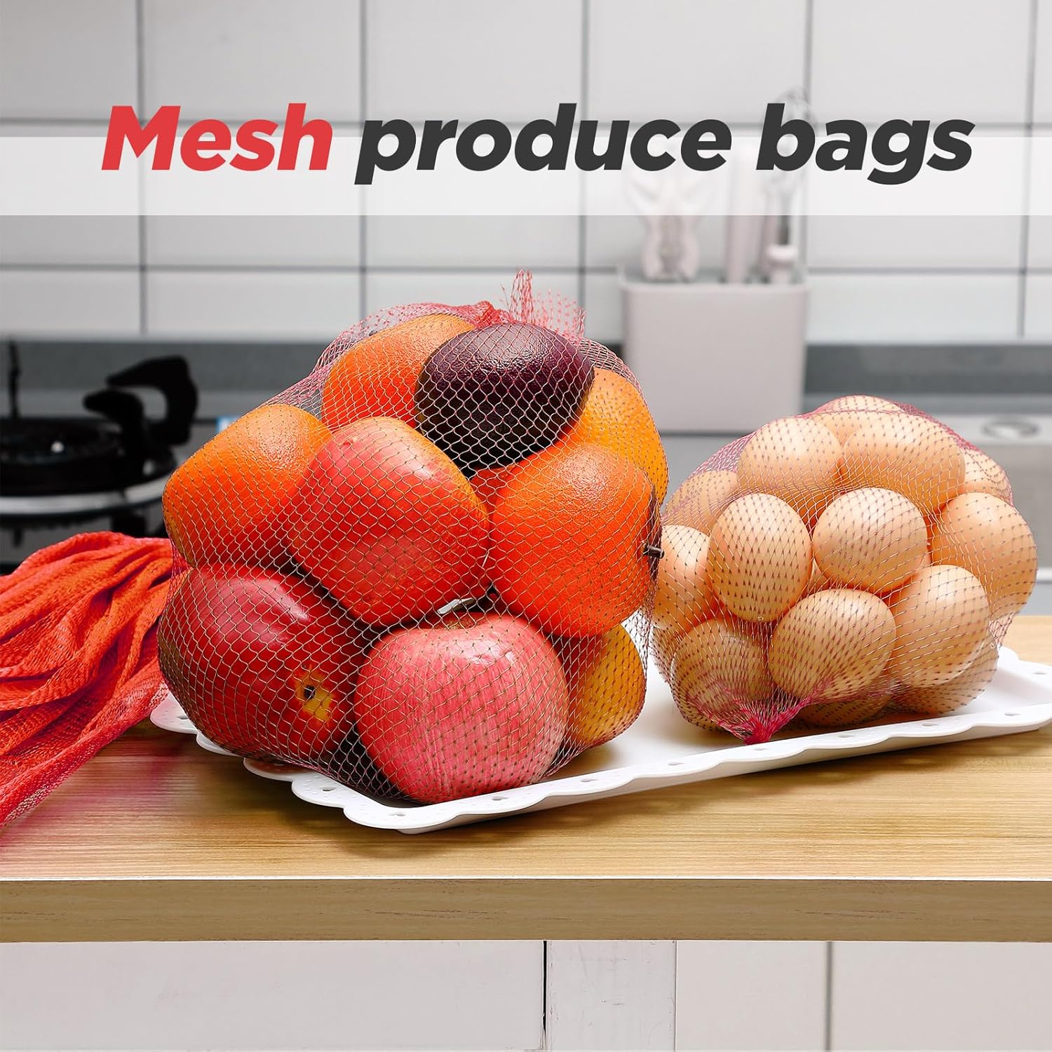 1000 mallas reutilizables de nailon a granel, se adapta a almacenamiento de huevos, verduras, mariscos, frutas, bolsas de comestibles (rojo, 20