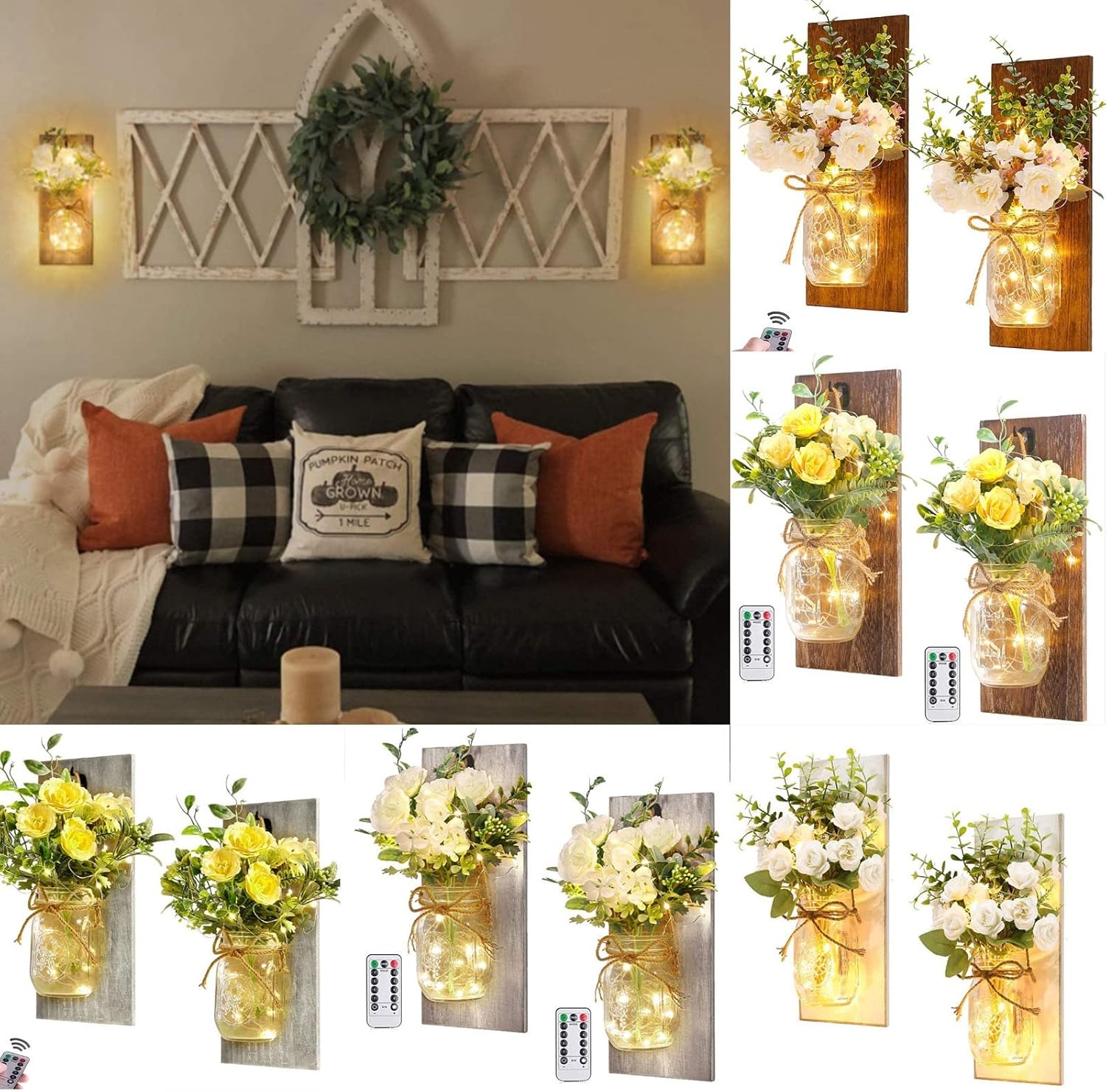 FRAKYEN Plantas artificiales y flores retro de madera Mason Jar lámpara de pared simulación flor peonía rosa enviar control remoto para decoración