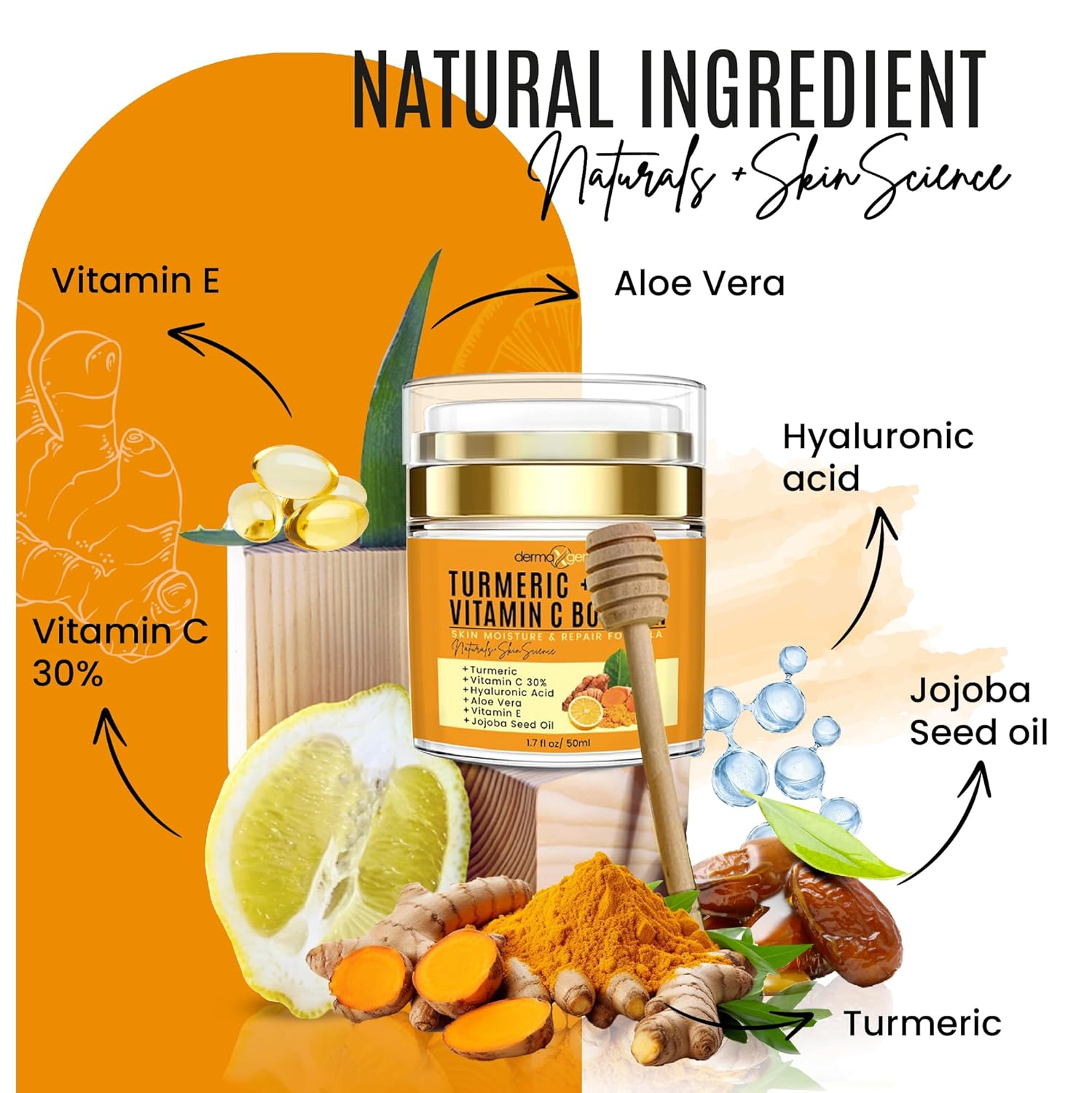 Cúrcuma + 30% vitamina C Face Glow Booster Hidratante y Crema Reparadora de la Piel – con ácido hialurónico, ingredientes orgánicos – Hidratante