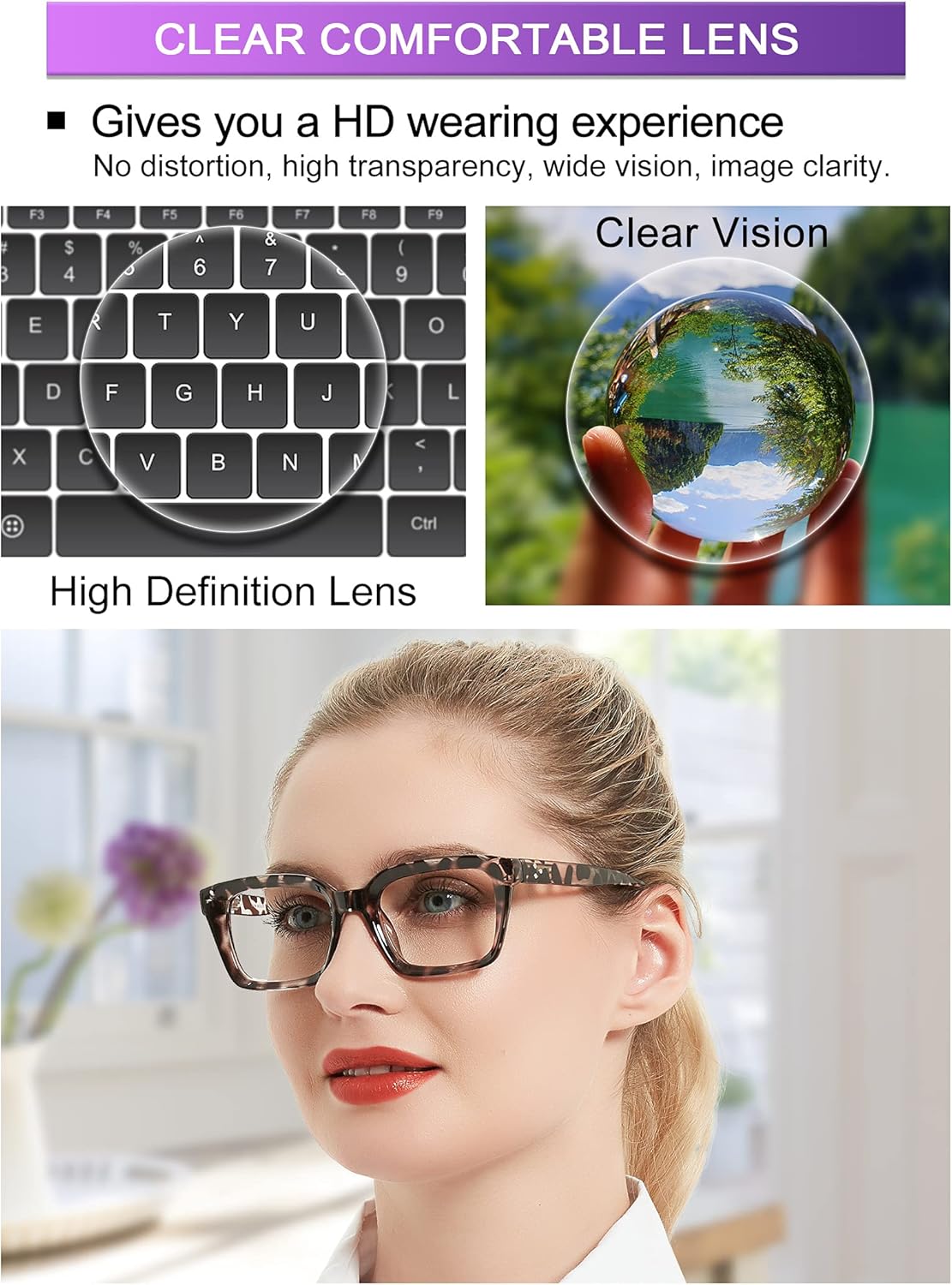 Lentes de lectura grandes cuadrados con bloqueo de luz azul para mujer, para lectura de computadora de gran tamaño, 1.0, 1.5, 2.0, 2.5, 3.0, 3.5,
