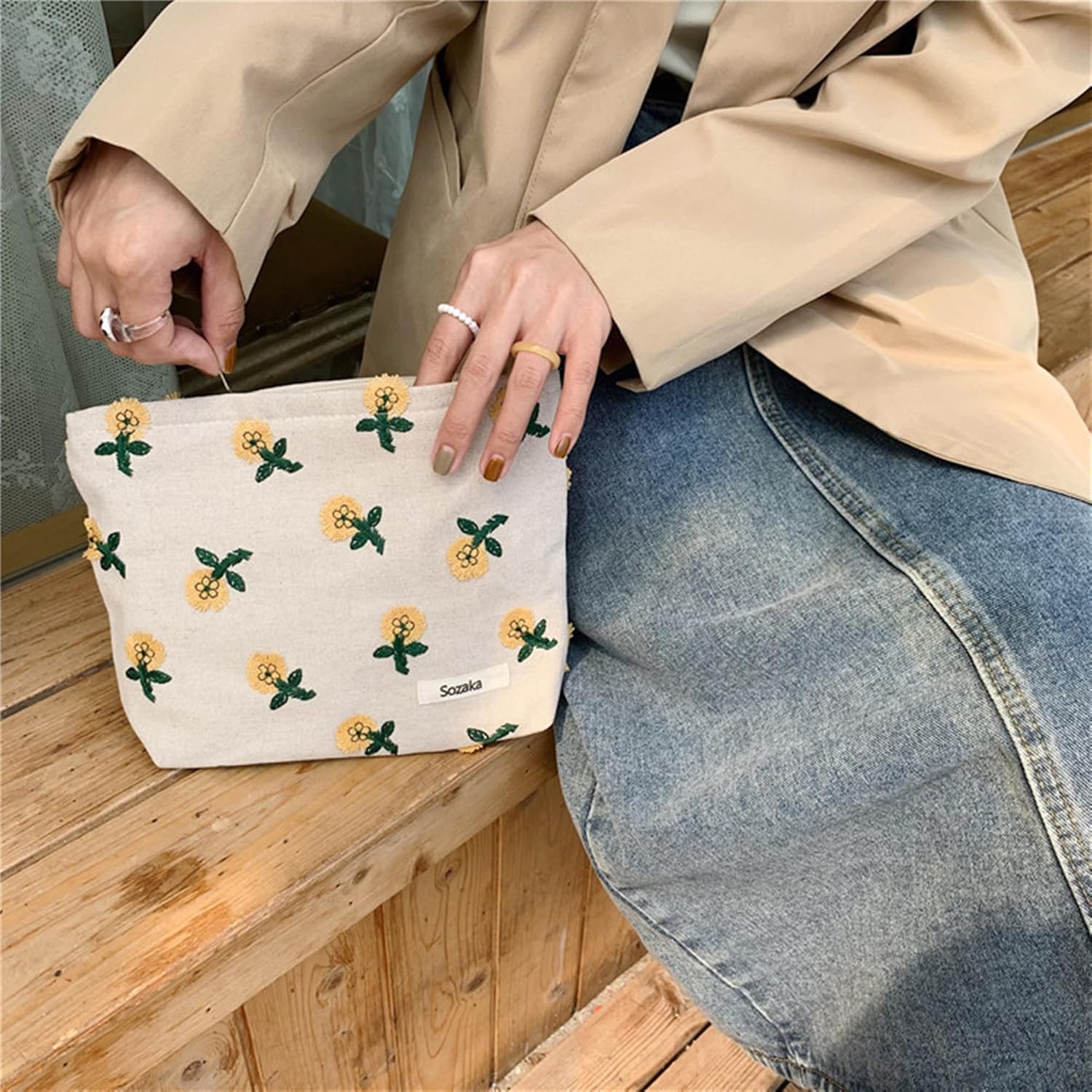Bolsas de cosméticos florales para mujeres y niñas, bolsas de maquillaje grandes de lona estética, bolsa organizadora de maquillaje, bolsa con