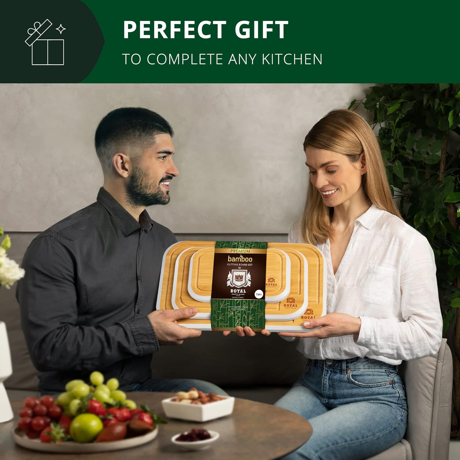 Juego de tablas para cortar de bambú para cocina con ranura de líquidos (3 piezas) para carne, queso y verduras, color blanco