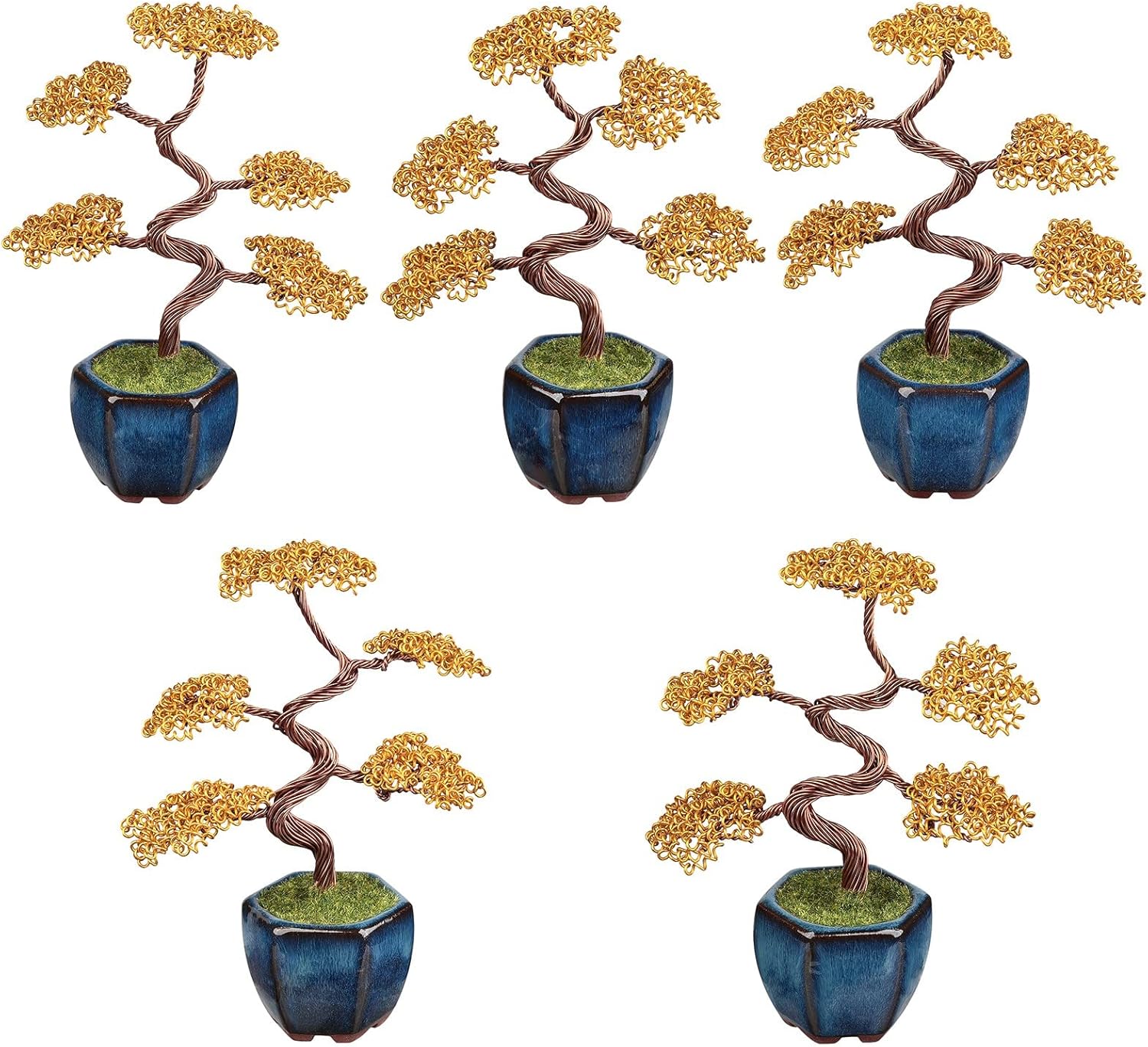 Figura de árbol de dinero de alambre de aluminio envuelta a mano con base de cerámica, árbol artificial amarillo Fengshui bonsái adorno de
