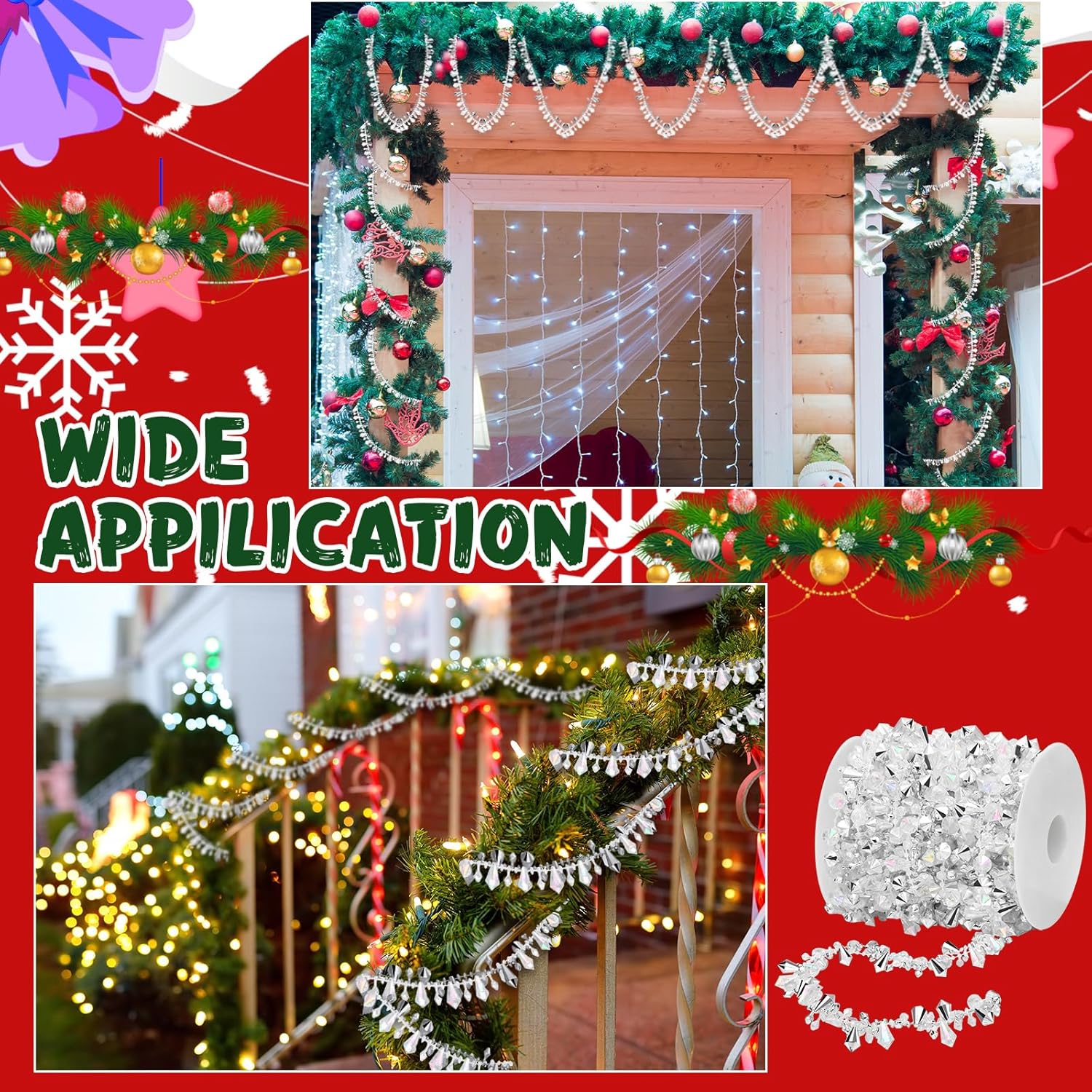 Bucherry Guirnalda de Navidad de 20 pies con cuentas de acrílico de cristal para colgar decoraciones rústicas para árbol de Navidad, adornos de