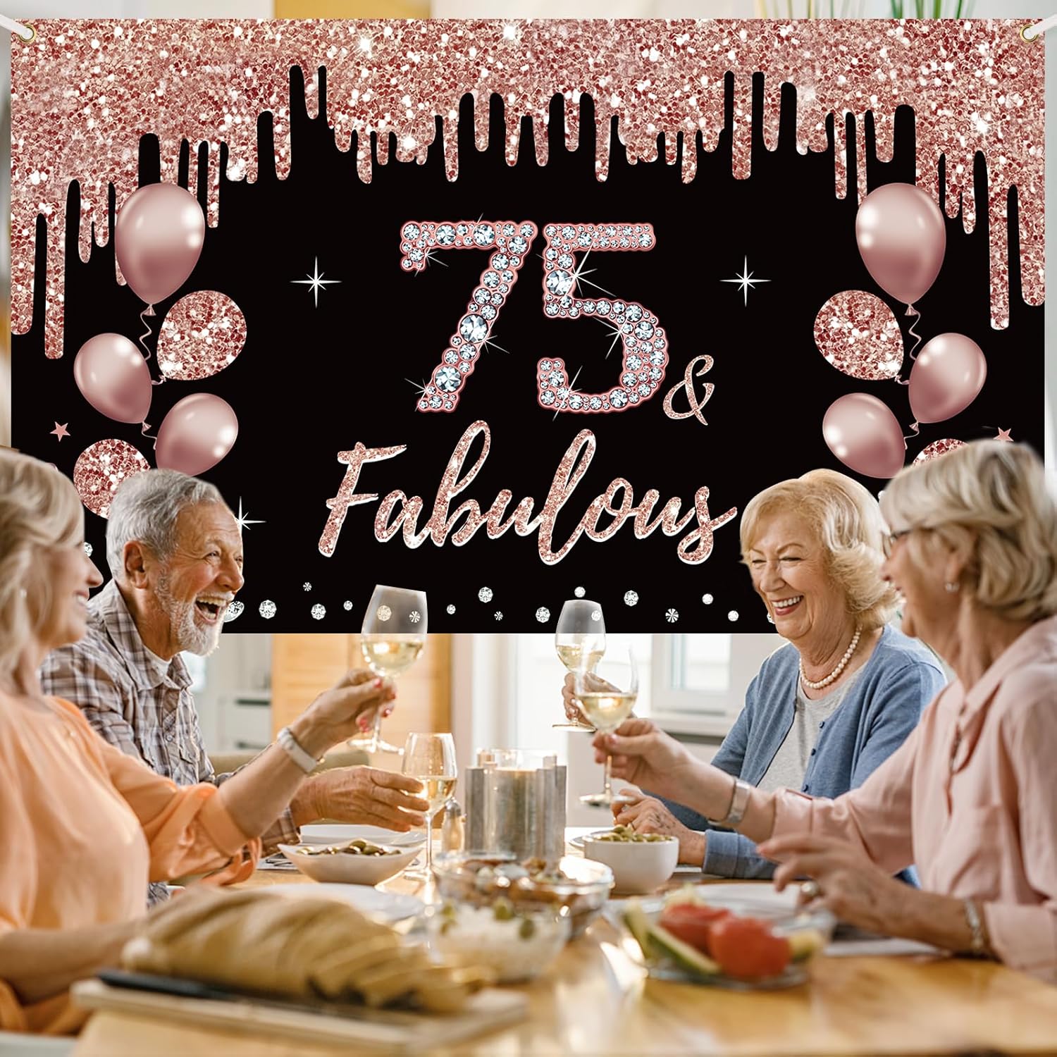 Decoraciones de cumpleaños número 75 y fabuloso cartel de cumpleaños para mujer, color oro rosa con temática de cumpleaños número 75, suministros de