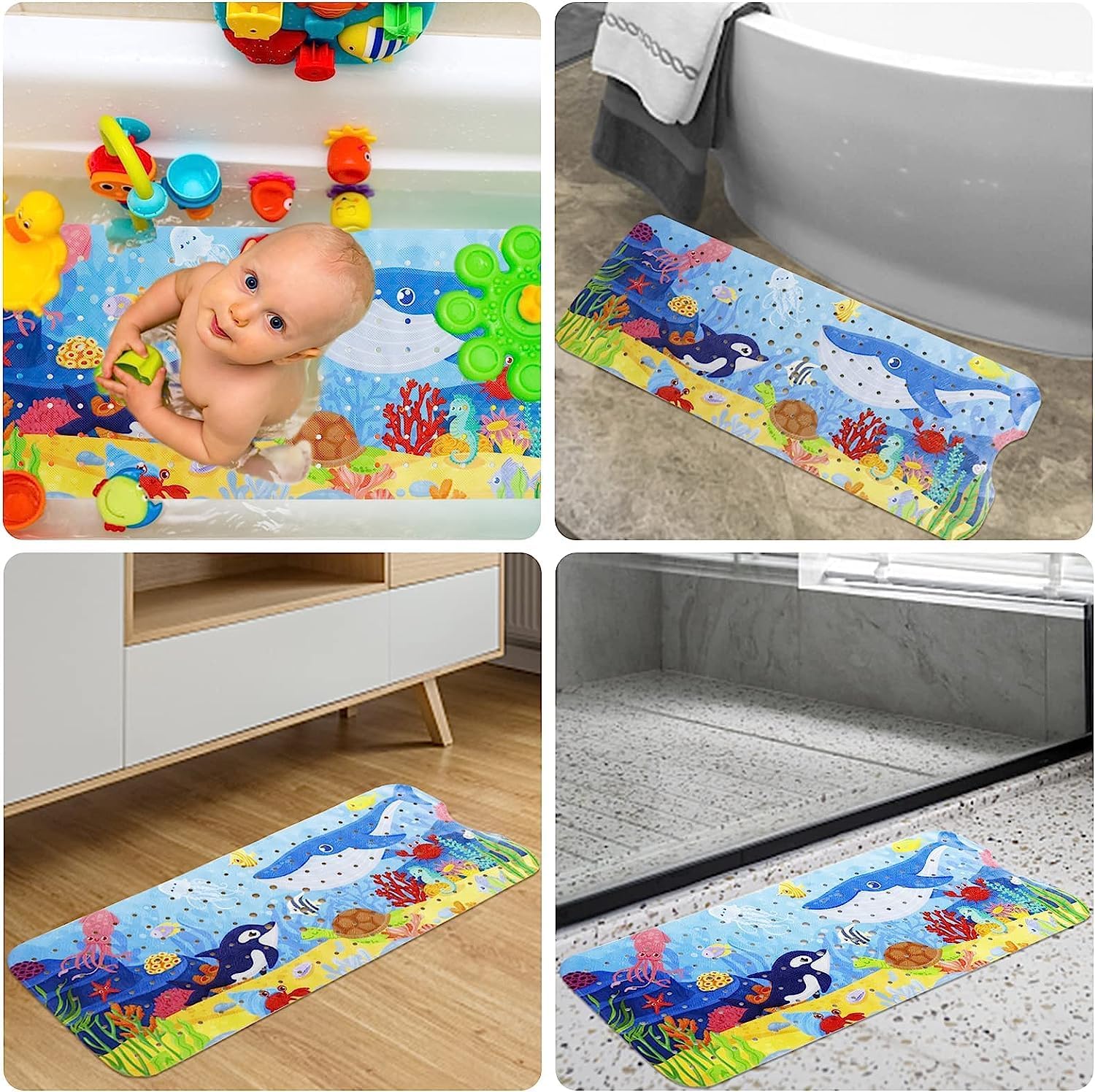 Alfombra de baño para bebé para niños, 40 x 16 pulgadas, extra larga, antideslizante, con dibujos animados, con agujeros de drenaje y ventosas,