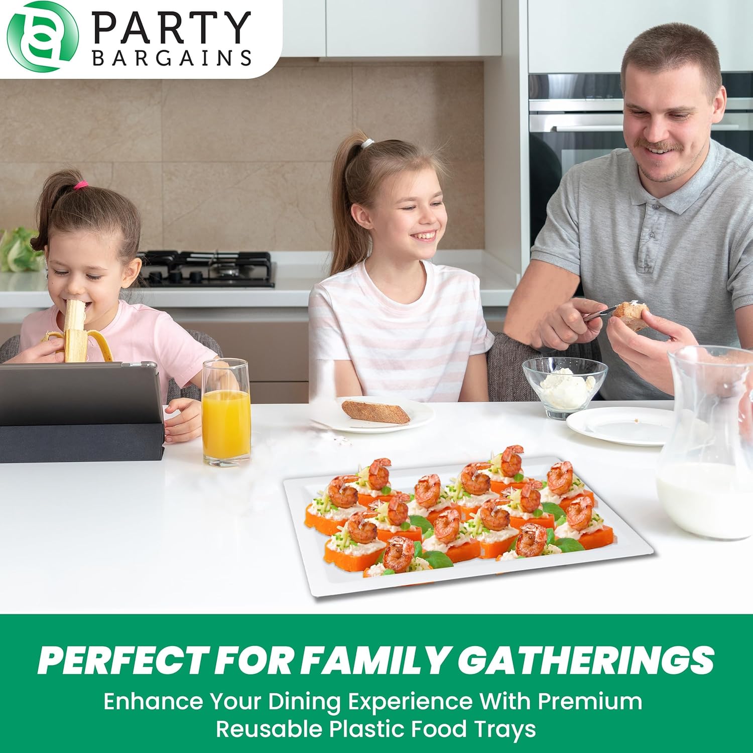 PARTY BARGAINS Bandejas de plástico para servir de 16 x 11 pulgadas, paquete de 8 bandejas desechables de plástico blanco, excelentes para bodas,